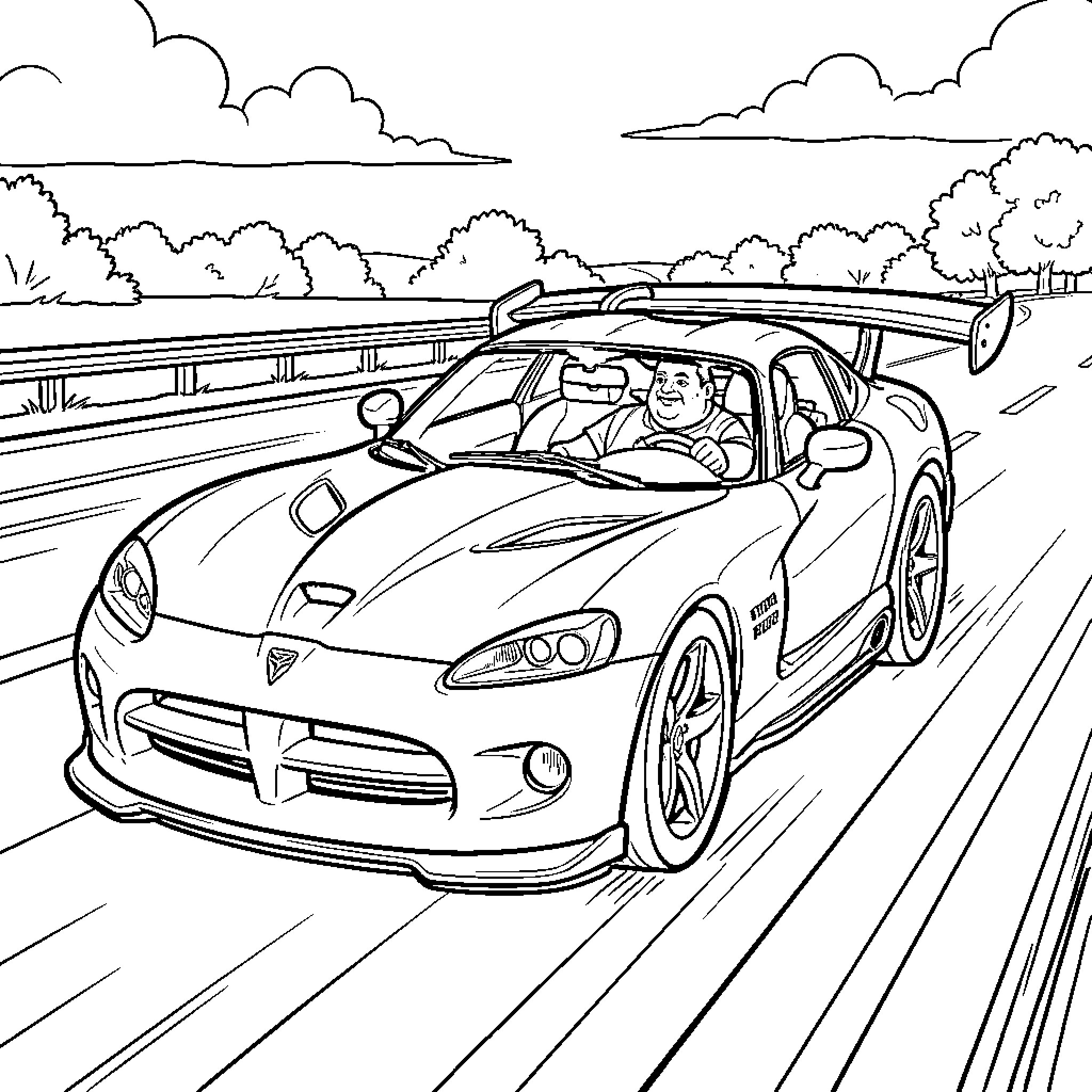 Man driving sports car on highway Coloring Page (free black-and-white line drawing printable PDF for all, from beginners to advanced learners, including children, teens, adults, and seniors)