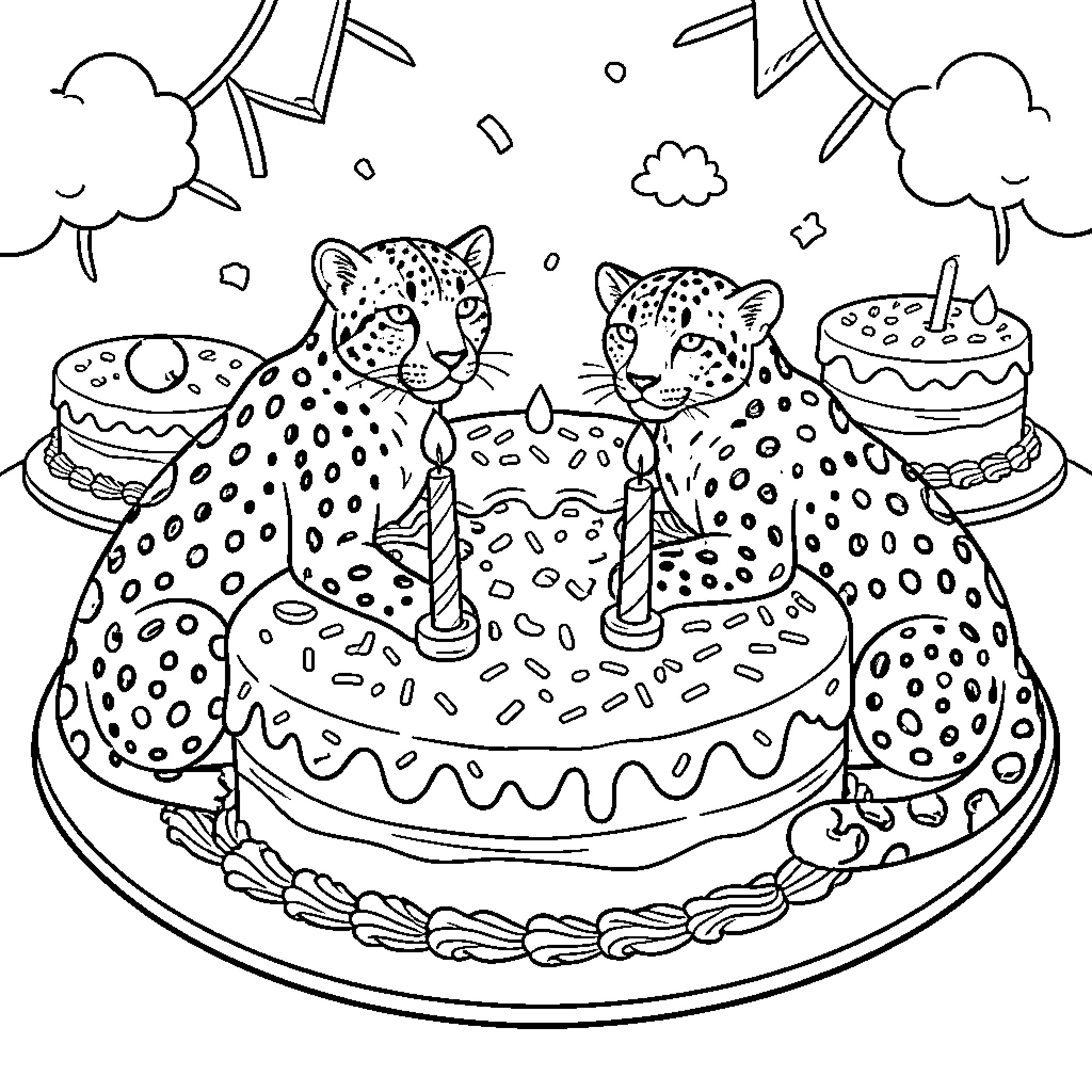 Cheetah cubs celebrating birthday with cake and candles Coloring Page (free black-and-white line drawing printable PDF for all, from beginners to advanced learners, including children, teens, adults, and seniors)