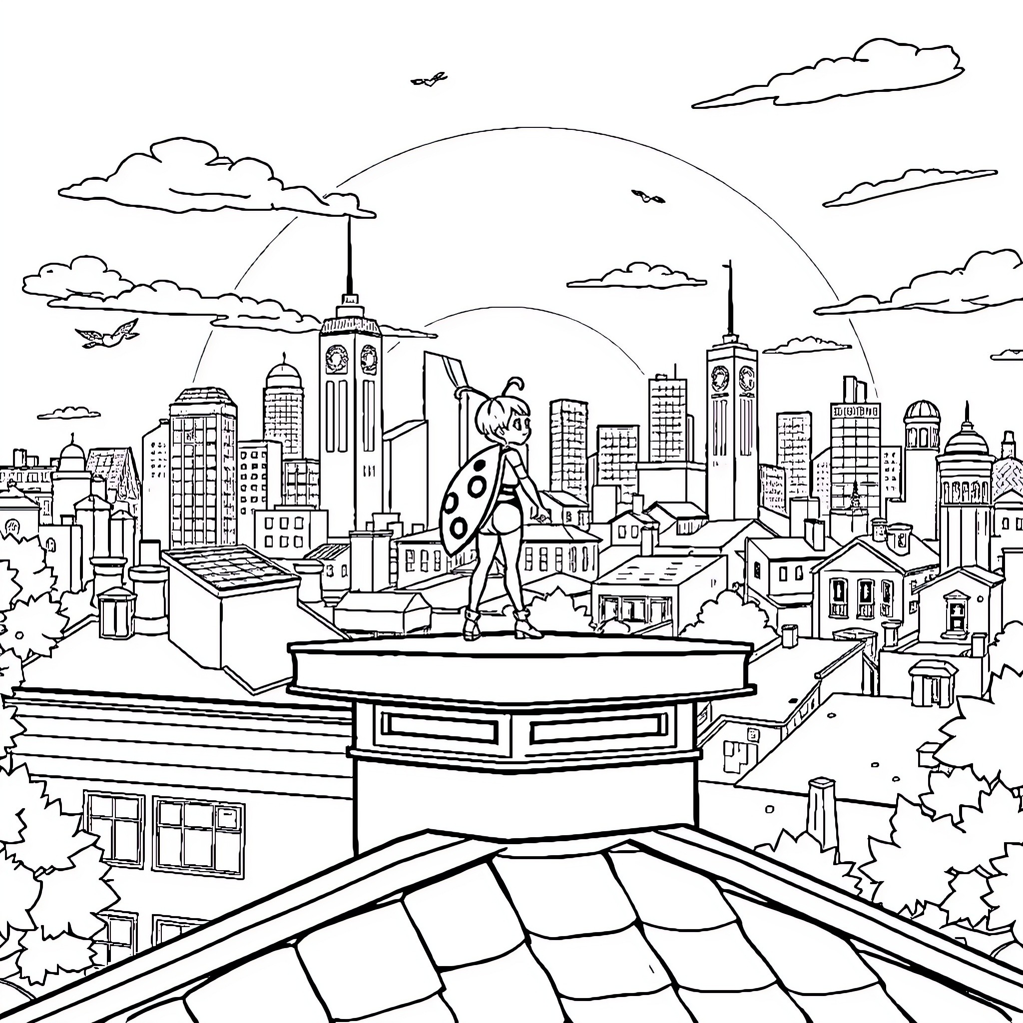 Ladybug exploring the bustling city skyline Coloring Page (free black-and-white line drawing printable PDF for all, from beginners to advanced learners, including children, teens, adults, and seniors)