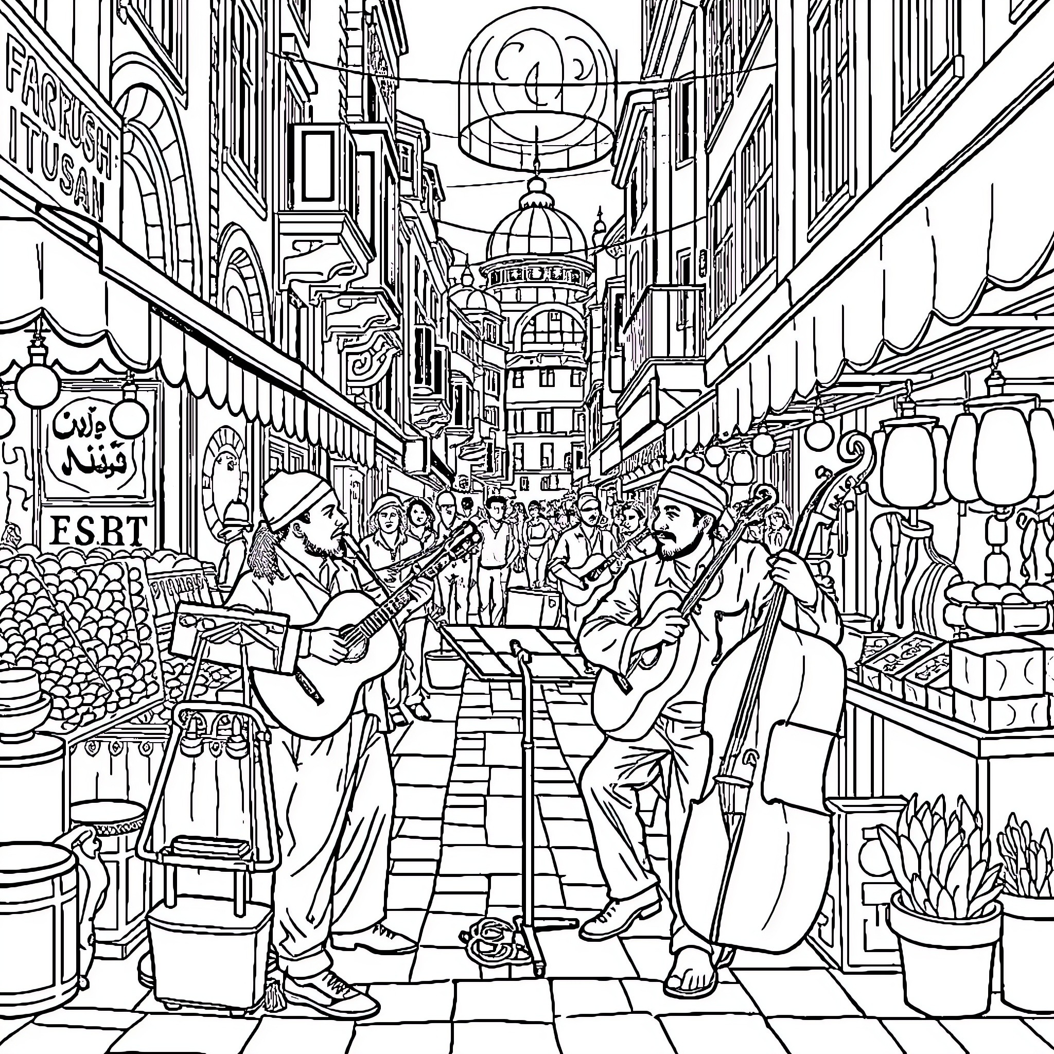 Musician performing in a crowded urban marketplace Coloring Page (free black-and-white line drawing printable PDF for all, from beginners to advanced learners, including children, teens, adults, and seniors)