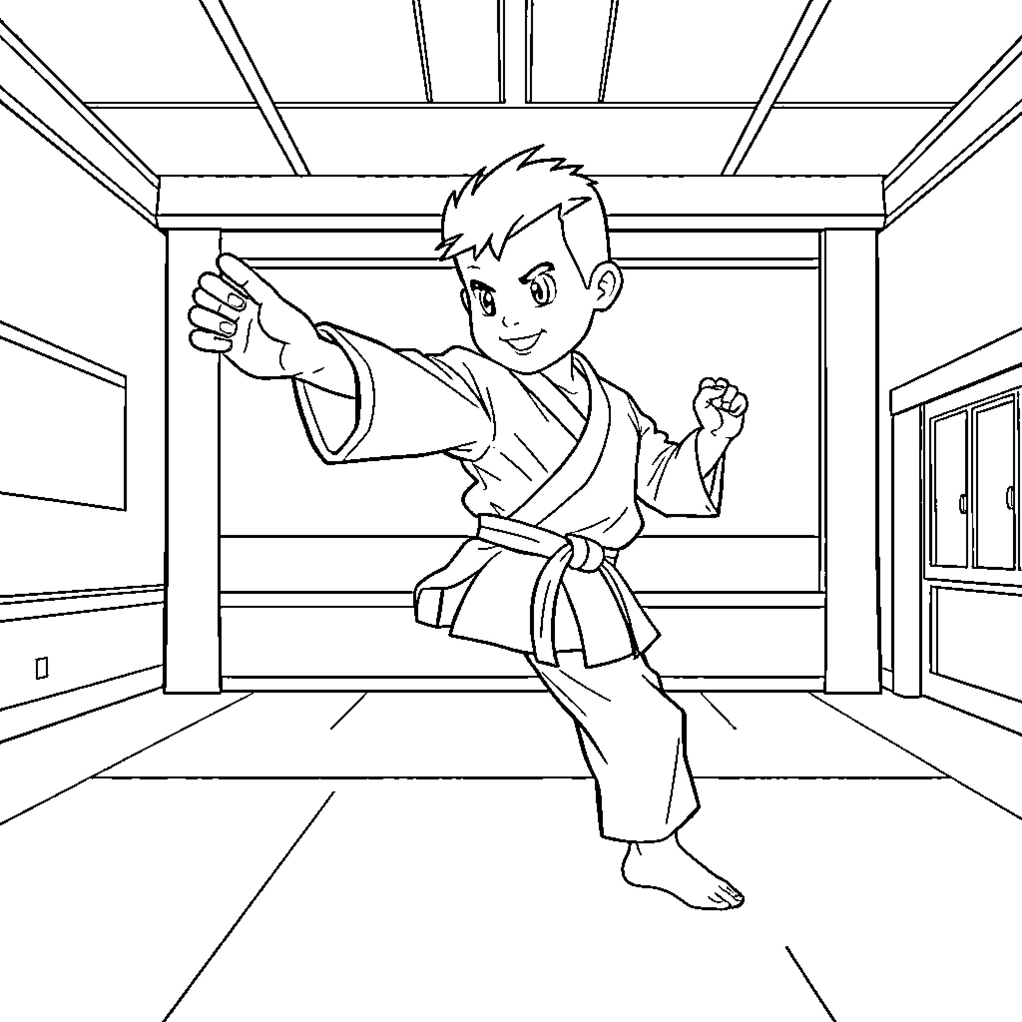 Bluey practicing martial arts in dojo Coloring Page (free black-and-white line drawing printable PDF for all, from beginners to advanced learners, including children, teens, adults, and seniors)