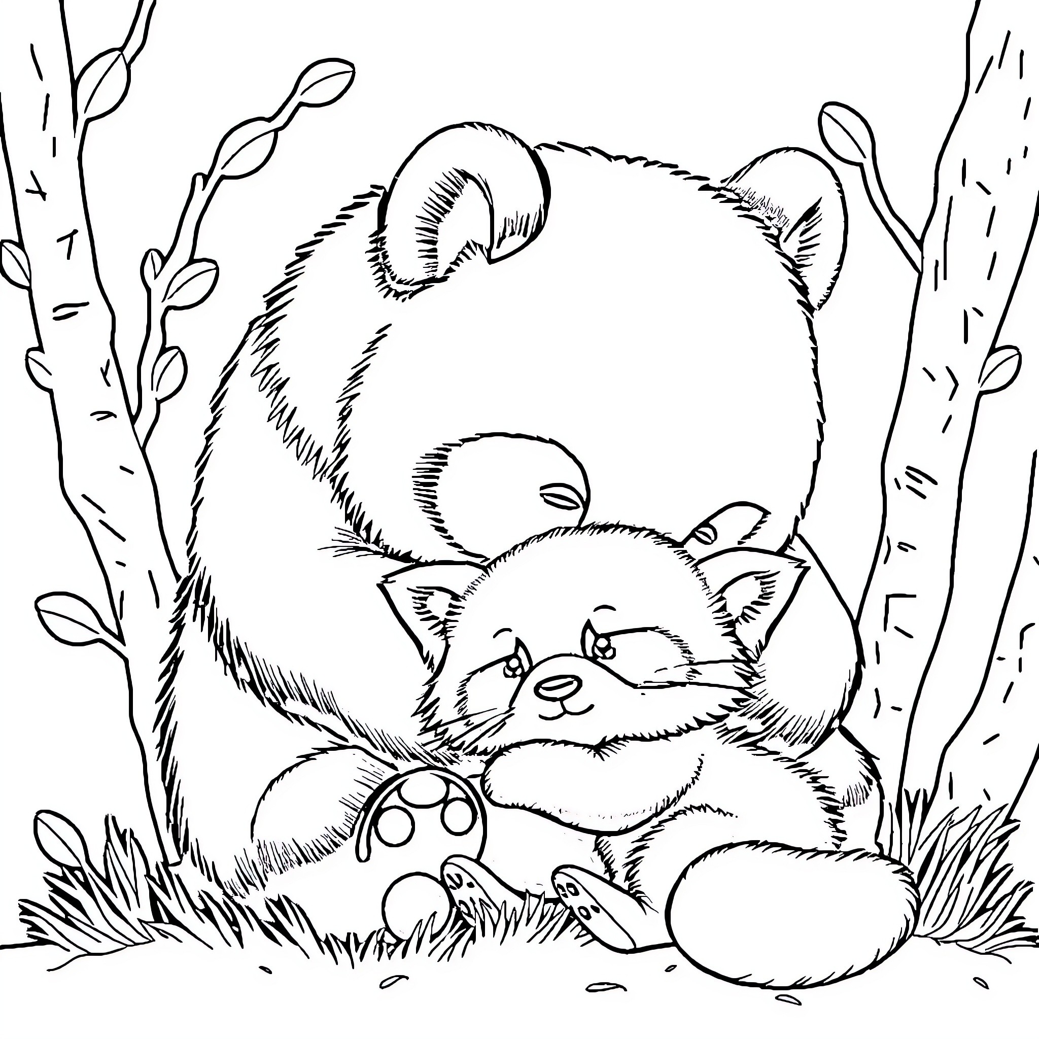 Panda resting peacefully in the forest Coloring Page (free black-and-white line drawing printable PDF for all, from beginners to advanced learners, including children, teens, adults, and seniors)