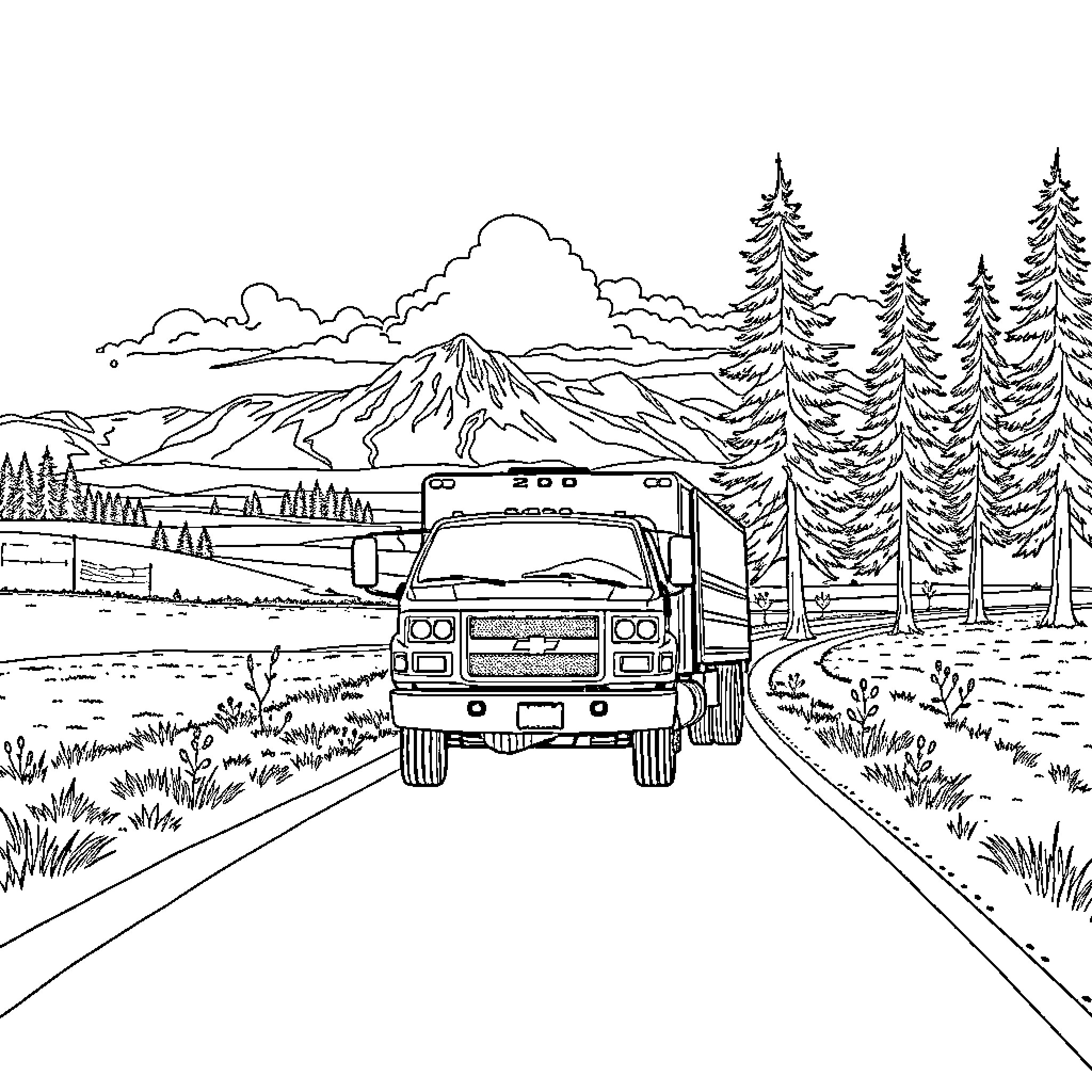 Chevrolet truck traversing scenic mountain landscape Coloring Page (free black-and-white line drawing printable PDF for all, from beginners to advanced learners, including children, teens, adults, and seniors)