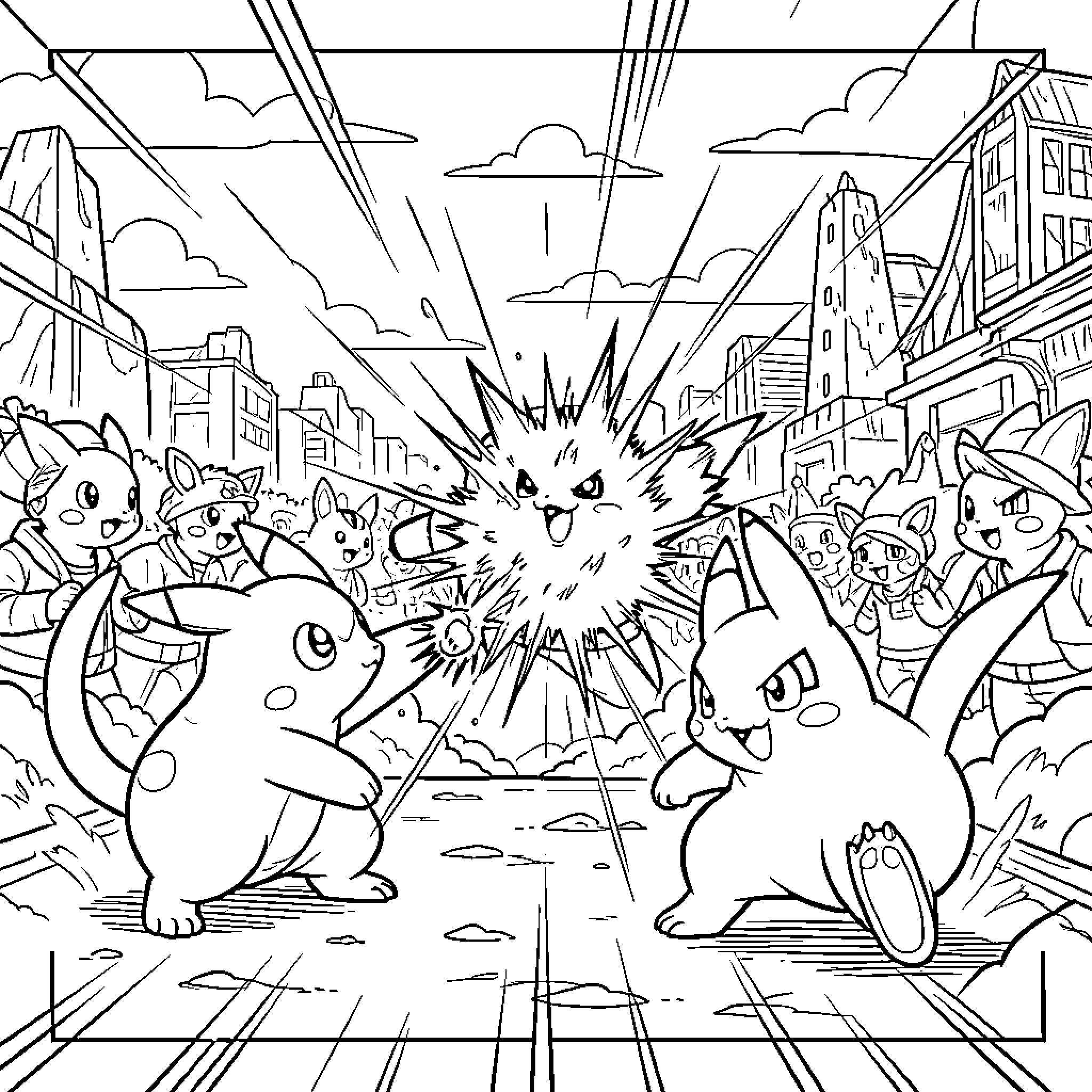 Pokémon engaging in an energetic battle in a city Coloring Page (free black-and-white line drawing printable PDF for all, from beginners to advanced learners, including children, teens, adults, and seniors)