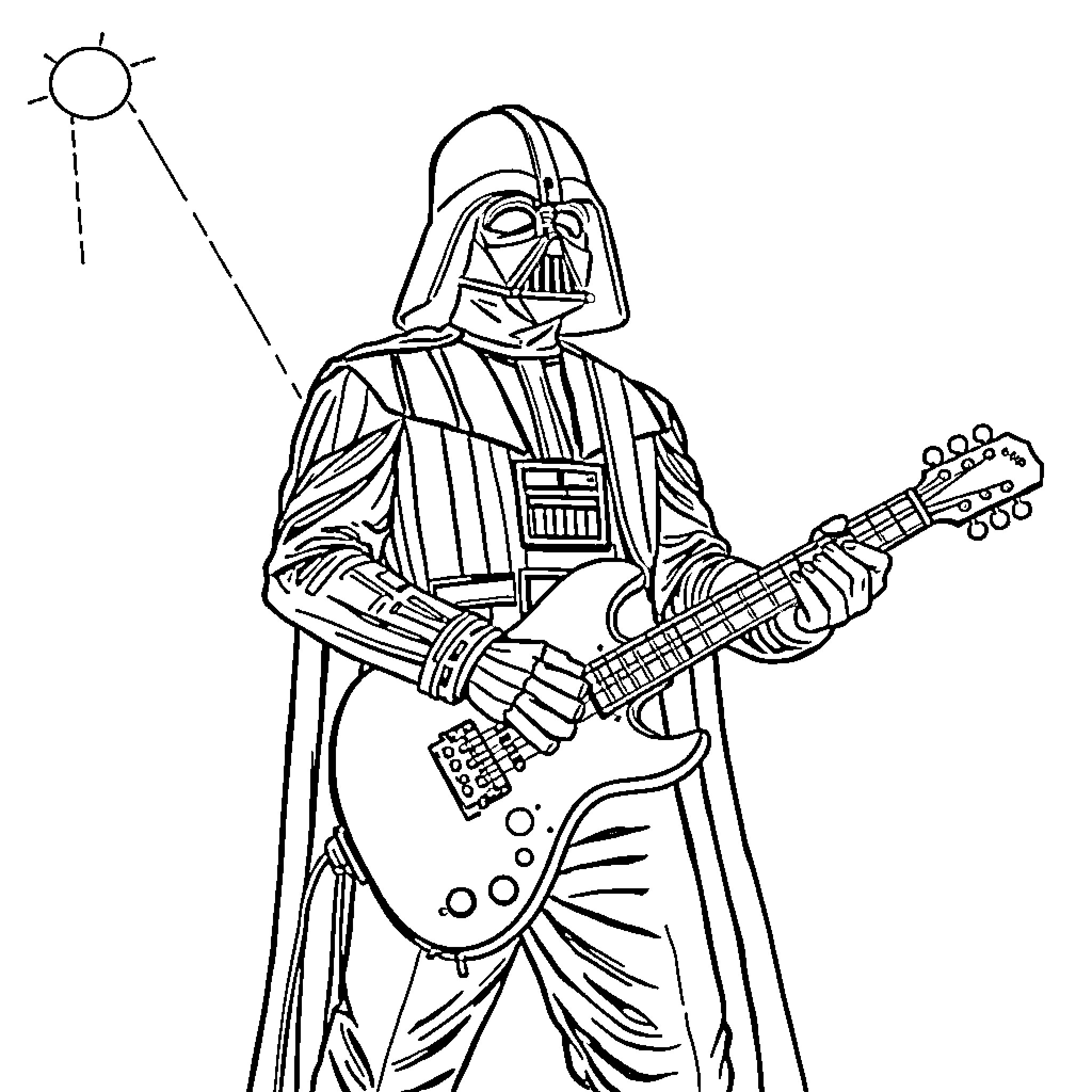 Darth Vader playing electric guitar under the sun Coloring Page (free black-and-white line drawing printable PDF for all, from beginners to advanced learners, including children, teens, adults, and seniors)