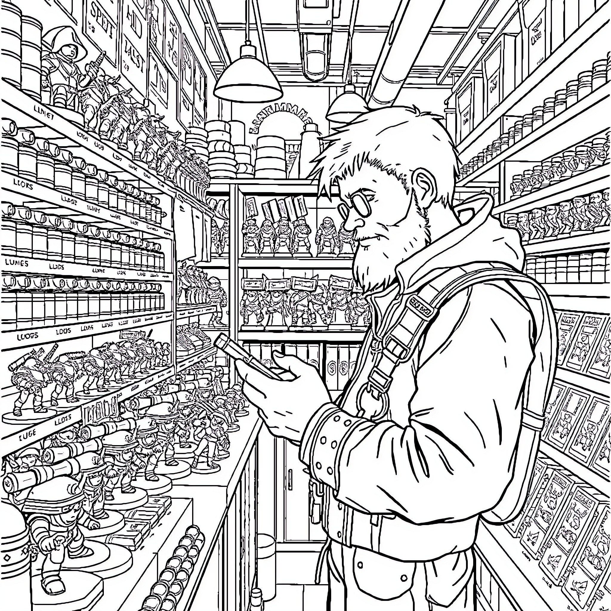 Warhammer Enthusiast Admiring Miniatures in Hobby Store Coloring Page (free black-and-white line drawing printable PDF for all, from beginners to advanced learners, including children, teens, adults, and seniors)
