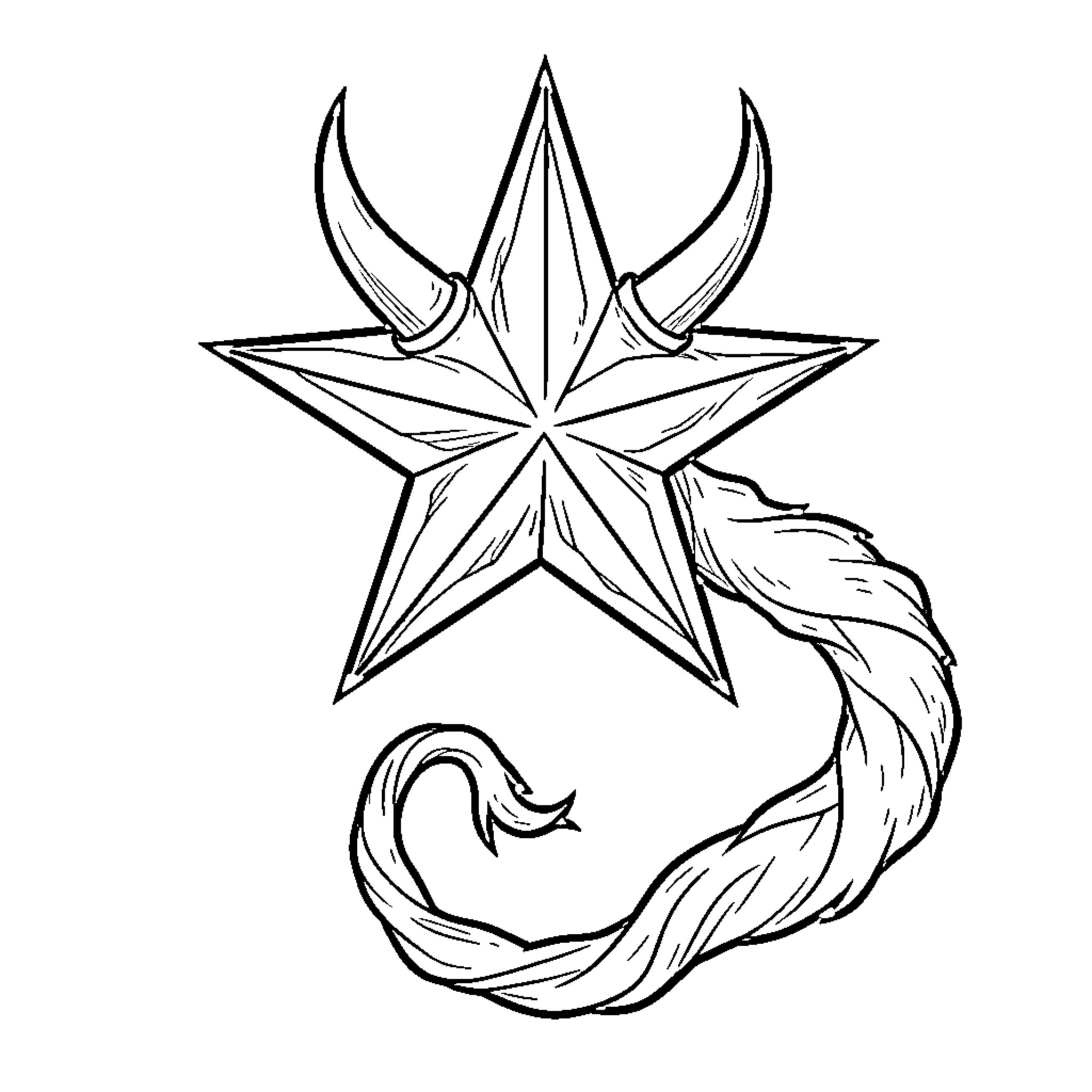 Demon star with curved horns and flowing tail Coloring Page (free black-and-white line drawing printable PDF for all, from beginners to advanced learners, including children, teens, adults, and seniors)