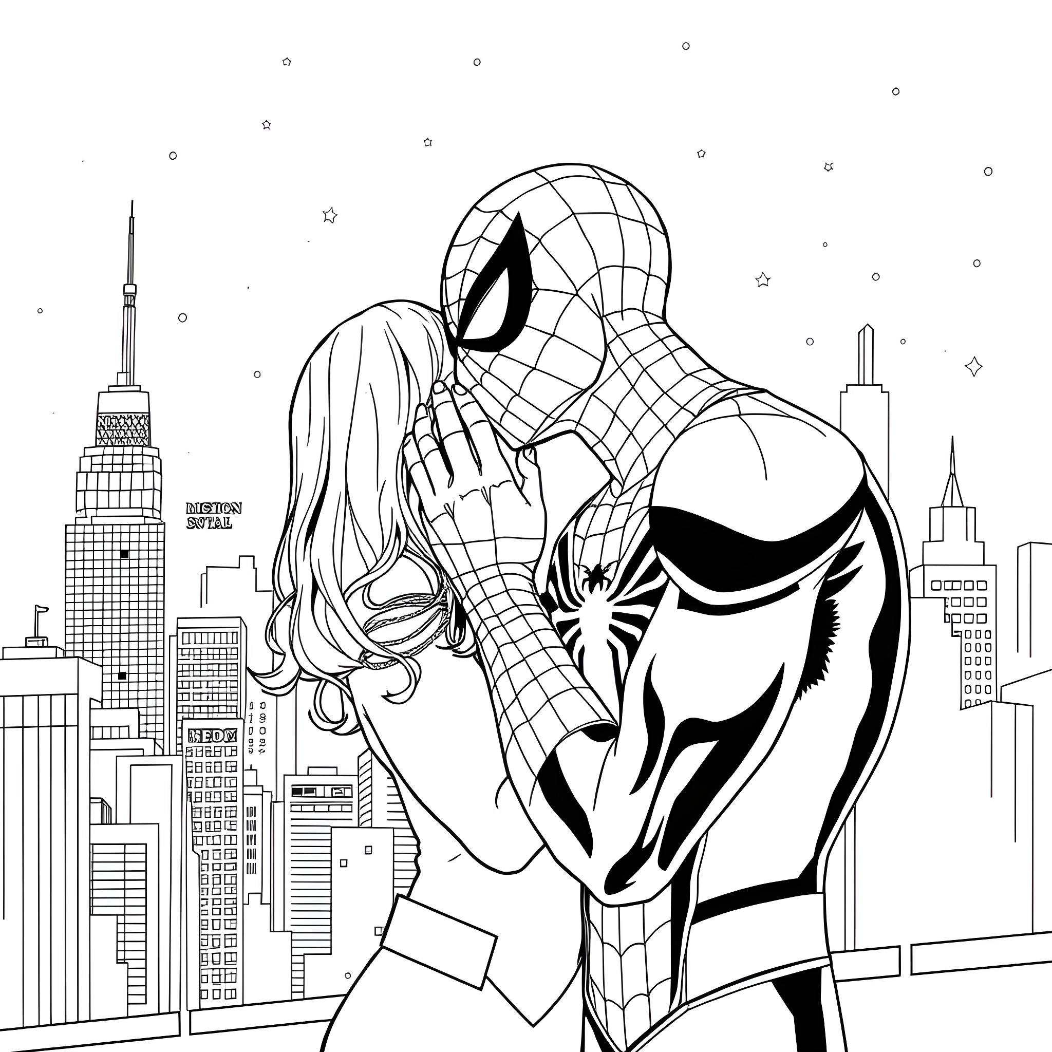 Spider-Man embracing a woman in the city Coloring Page (free black-and-white line drawing printable PDF for all, from beginners to advanced learners, including children, teens, adults, and seniors)