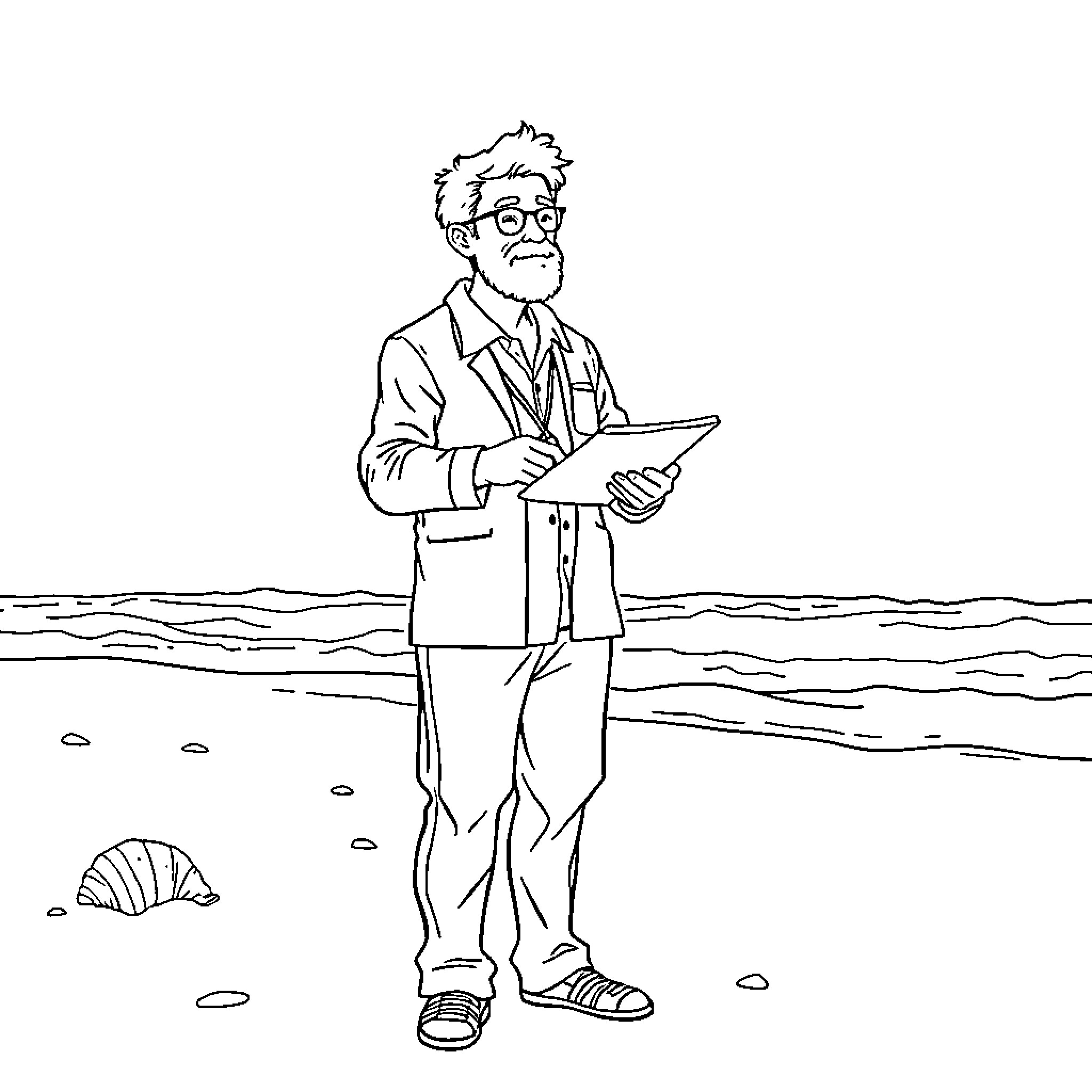 Professor examining shell on the beach Coloring Page (free black-and-white line drawing printable PDF for all, from beginners to advanced learners, including children, teens, adults, and seniors)