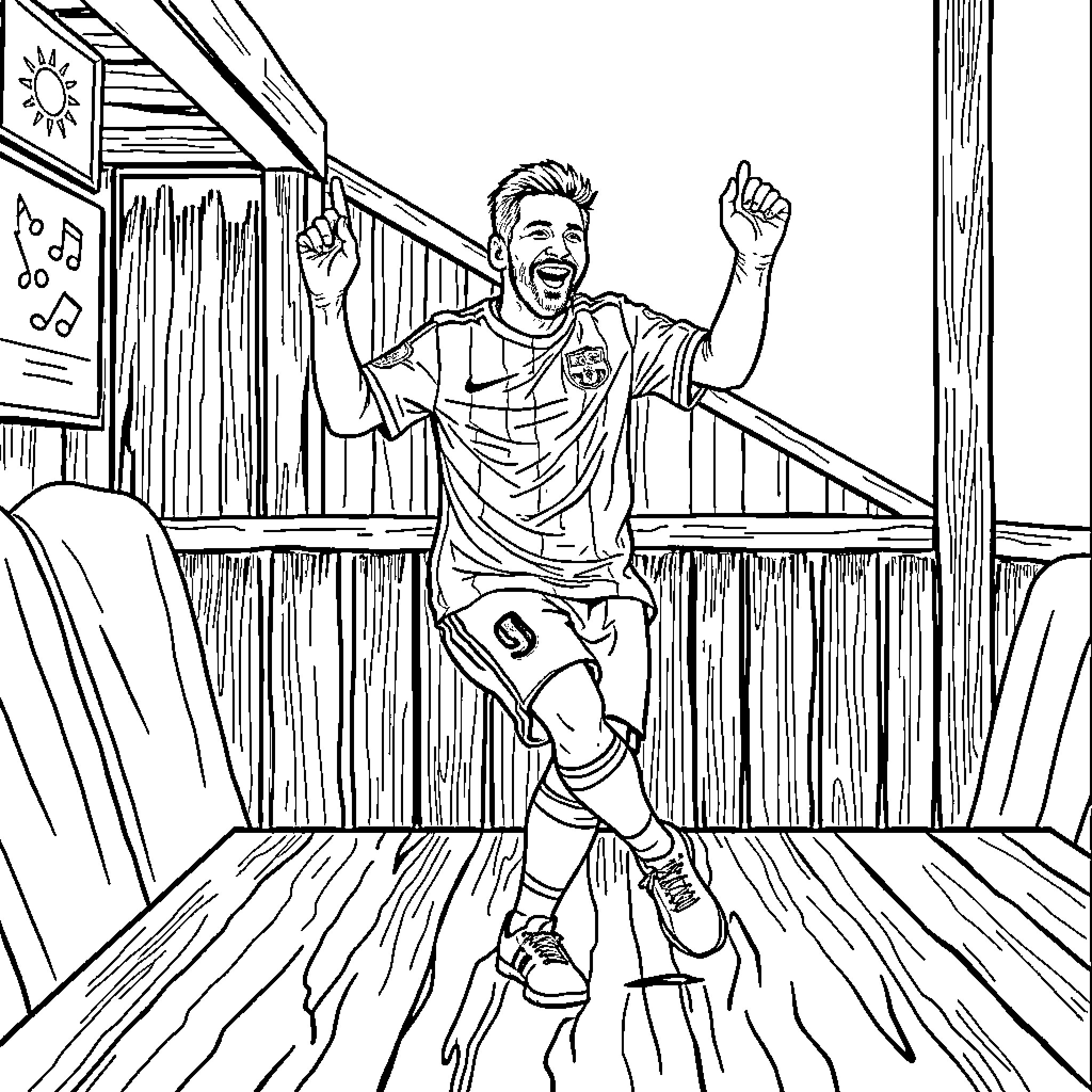 Messi celebrates ecstatically in a soccer stadium Coloring Page (free black-and-white line drawing printable PDF for all, from beginners to advanced learners, including children, teens, adults, and seniors)