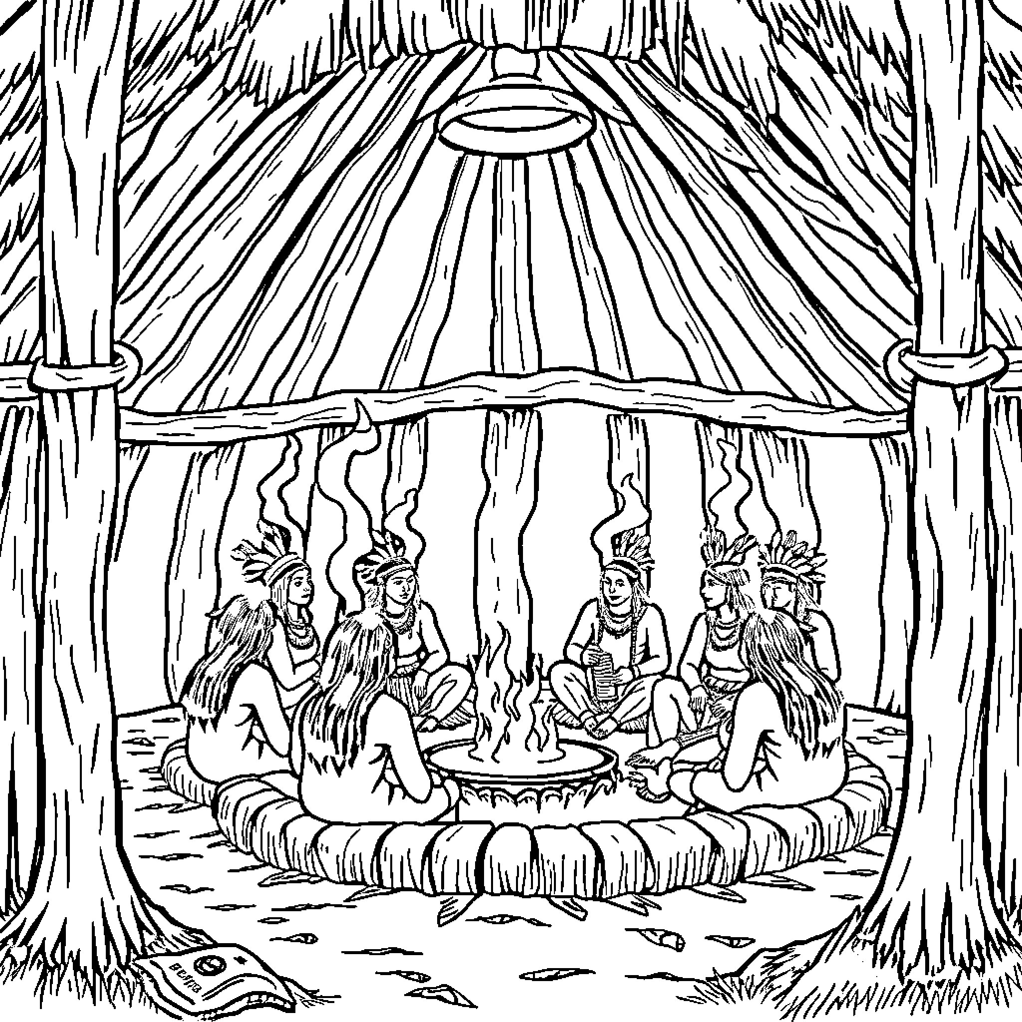 Native American Tribal Gathering Around Campfire Coloring Page (free black-and-white line drawing printable PDF for all, from beginners to advanced learners, including children, teens, adults, and seniors)