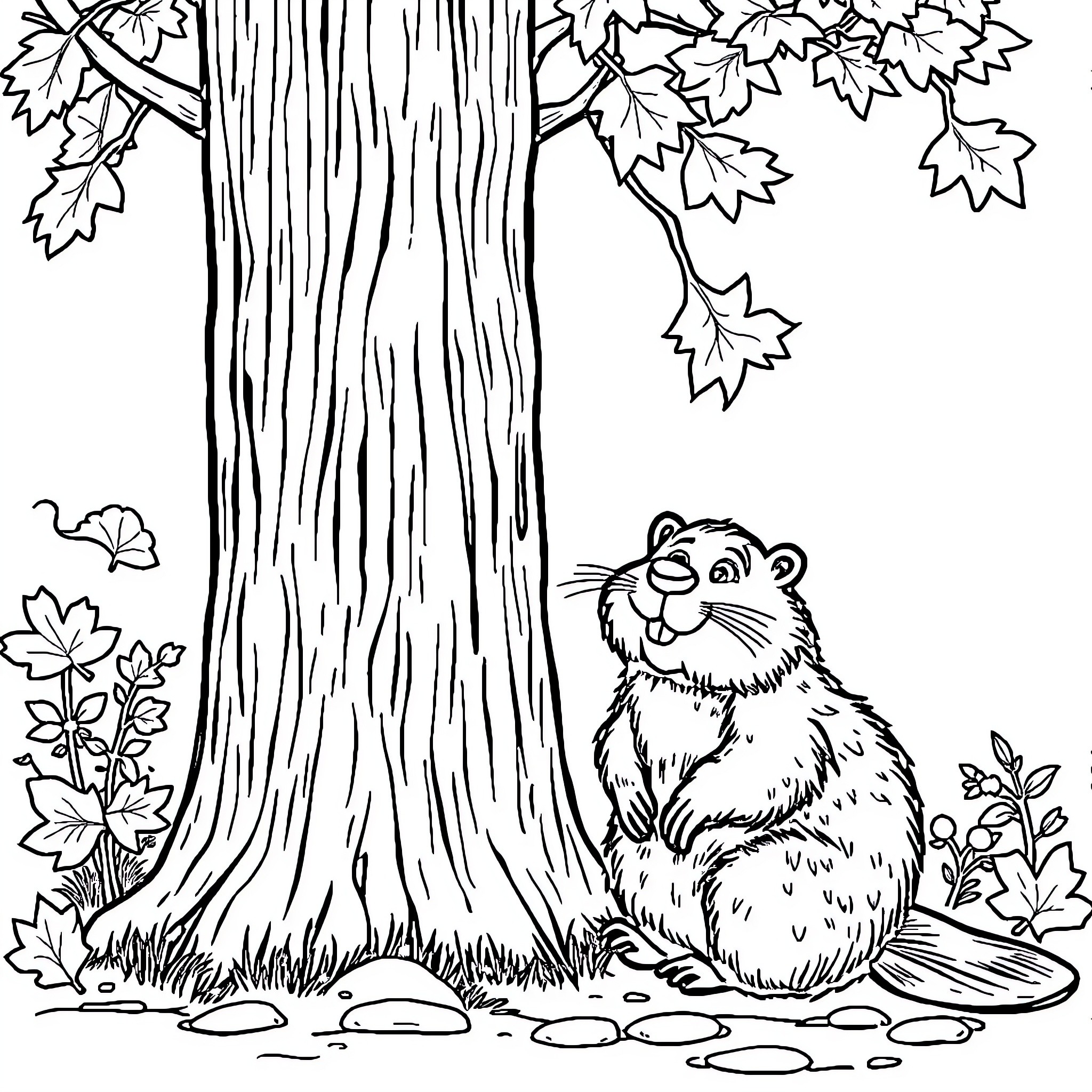 Beaver relaxing in the forest scene Coloring Page (free black-and-white line drawing printable PDF for all, from beginners to advanced learners, including children, teens, adults, and seniors)