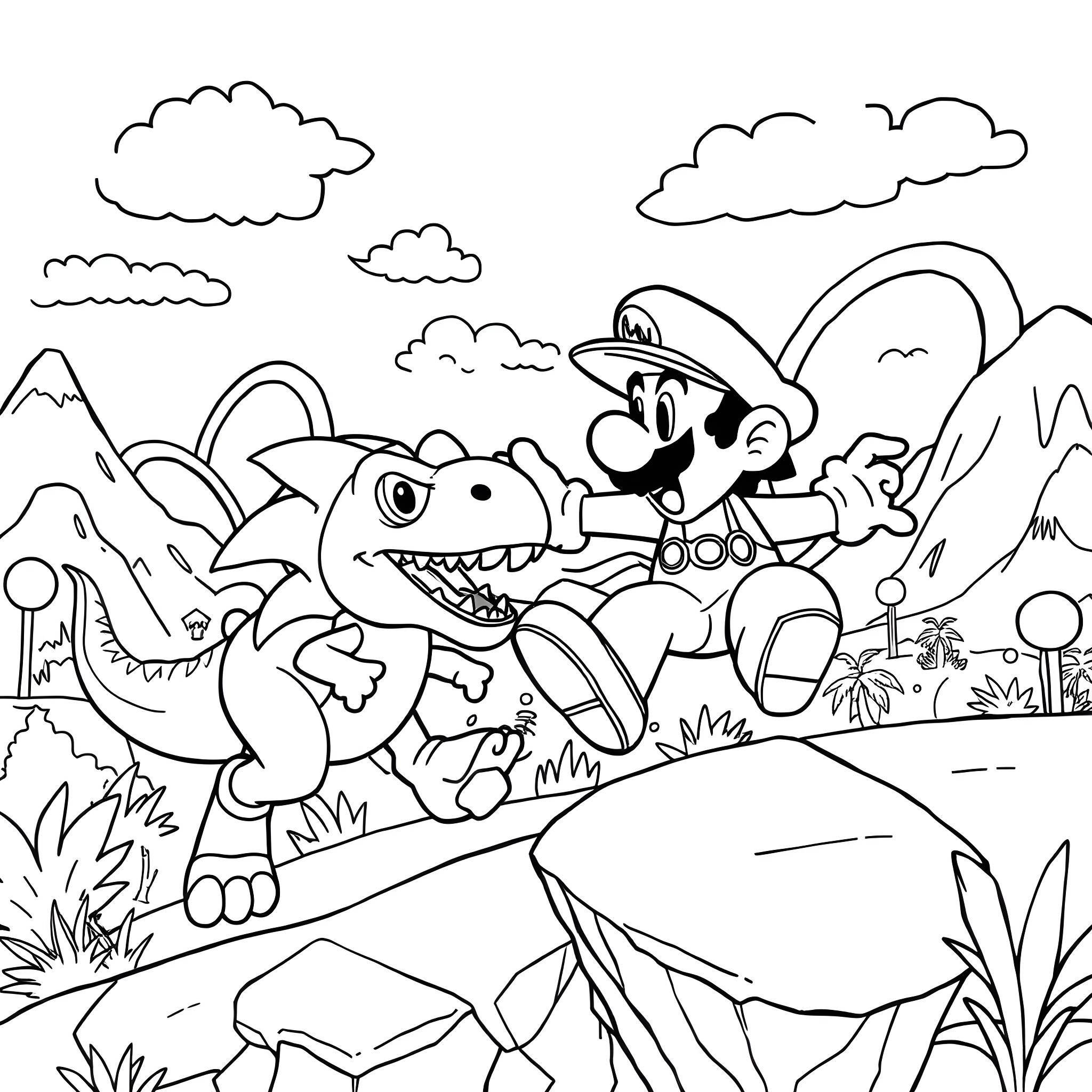 Mario Exploring the Vibrant Dinosaur Landscape Coloring Page (free black-and-white line drawing printable PDF for all, from beginners to advanced learners, including children, teens, adults, and seniors)