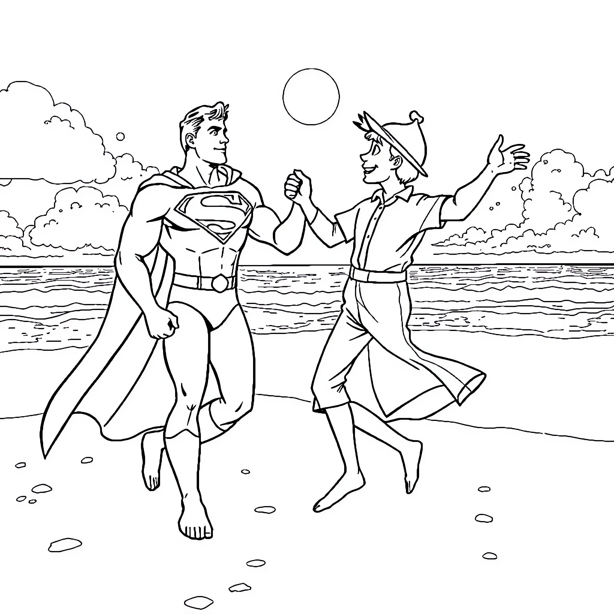Superman Shakes Hands with Friendly Companion on Beach Coloring Page (free black-and-white line drawing printable PDF for all, from beginners to advanced learners, including children, teens, adults, and seniors)