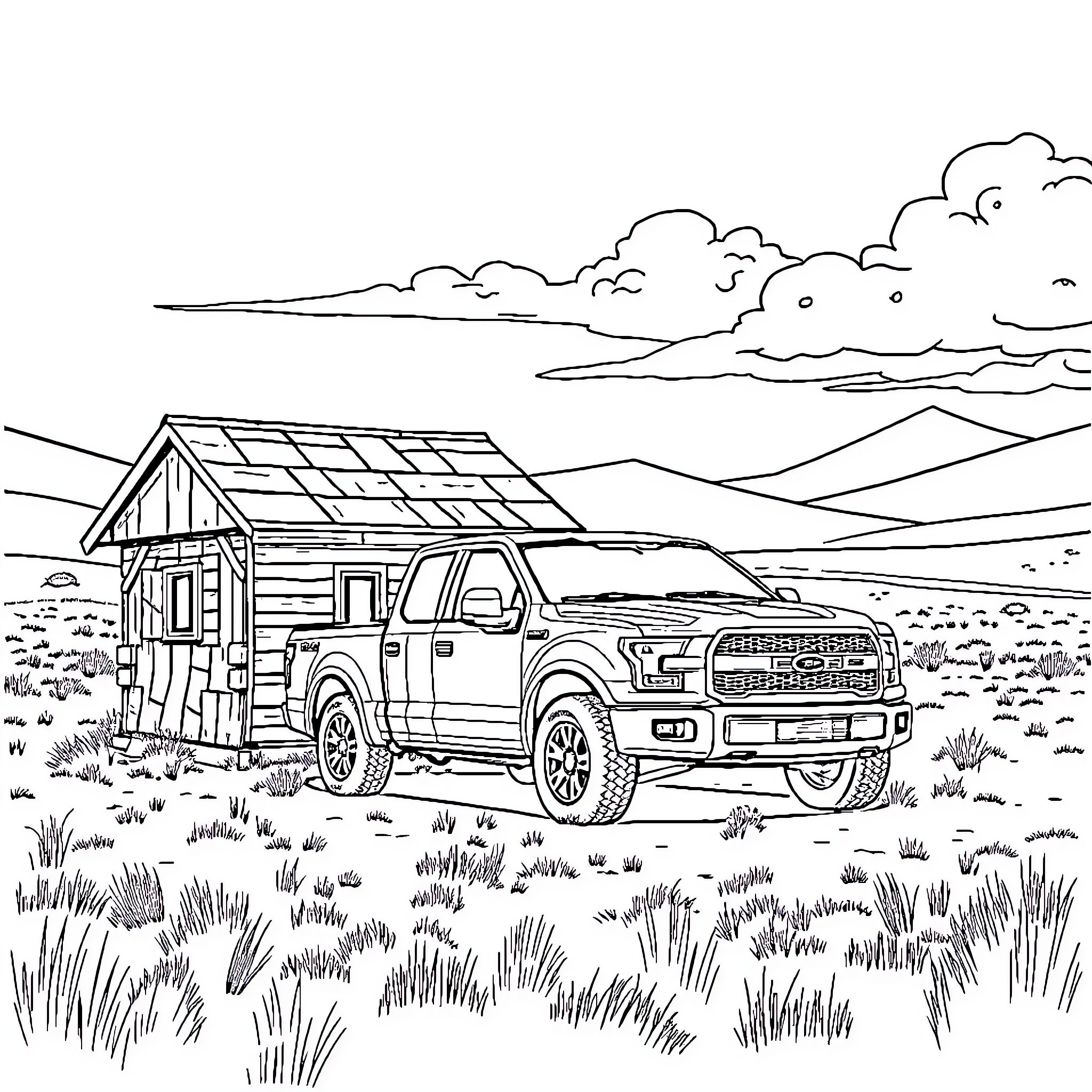Pickup Truck hauling a rustic cabin in the countryside Coloring Page (free black-and-white line drawing printable PDF for all, from beginners to advanced learners, including children, teens, adults, and seniors)