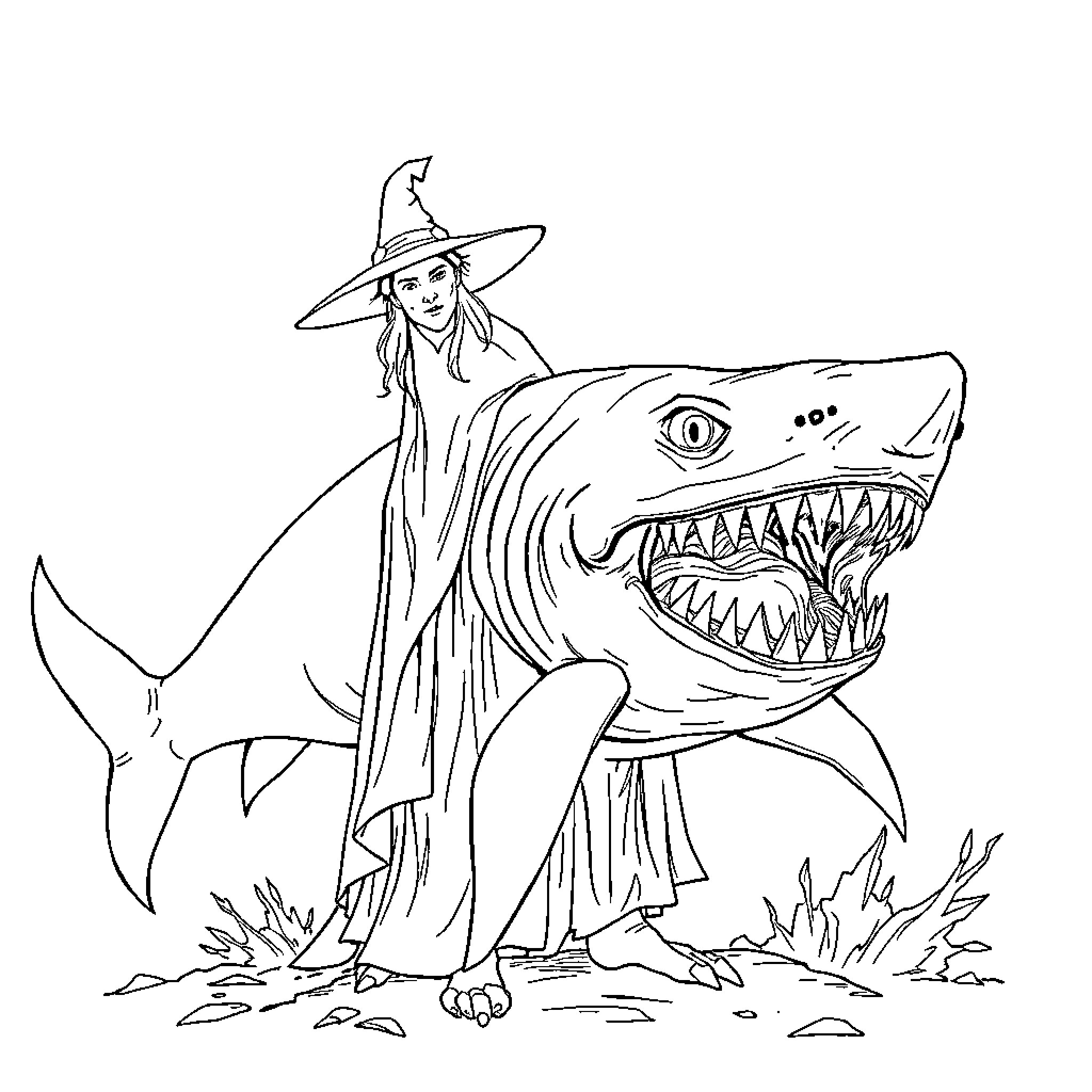 Witch riding a ferocious shark Coloring Page (free black-and-white line drawing printable PDF for all, from beginners to advanced learners, including children, teens, adults, and seniors)