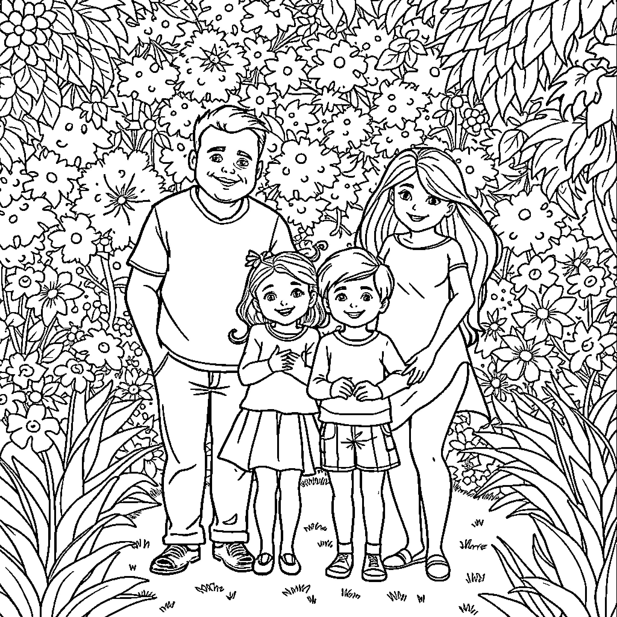 Family enjoying a floral outdoor scene Coloring Page (free black-and-white line drawing printable PDF for all, from beginners to advanced learners, including children, teens, adults, and seniors)