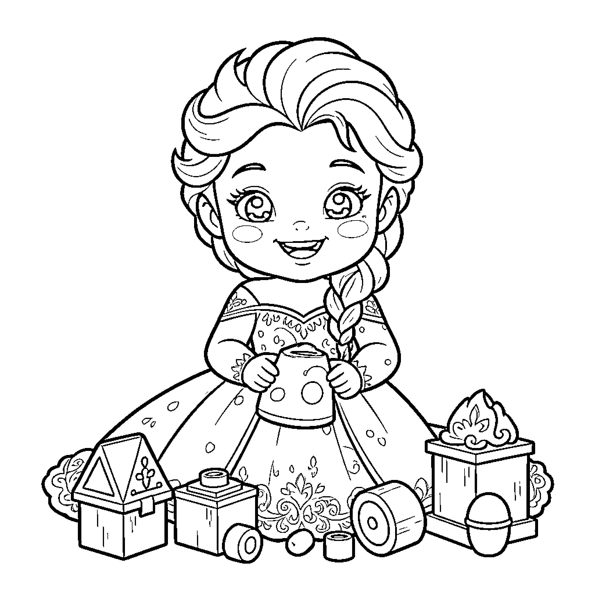 Elsa sitting happily surrounded by various toys Coloring Page (free black-and-white line drawing printable PDF for all, from beginners to advanced learners, including children, teens, adults, and seniors)