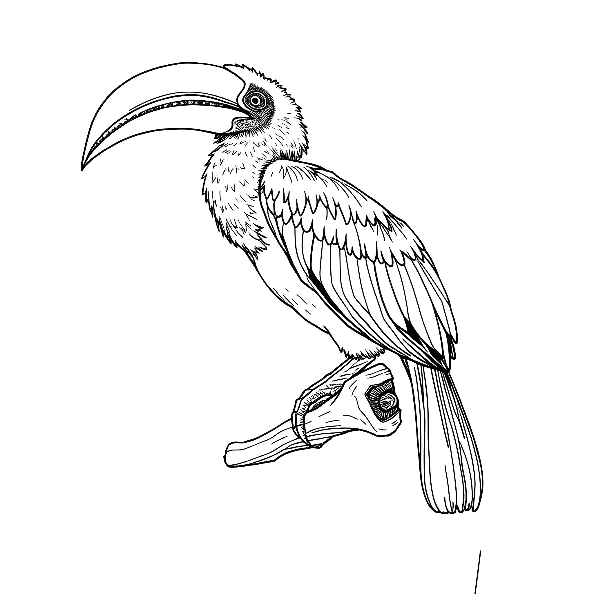 Hornbill perched elegantly on a branch Coloring Page (free black-and-white line drawing printable PDF for all, from beginners to advanced learners, including children, teens, adults, and seniors)