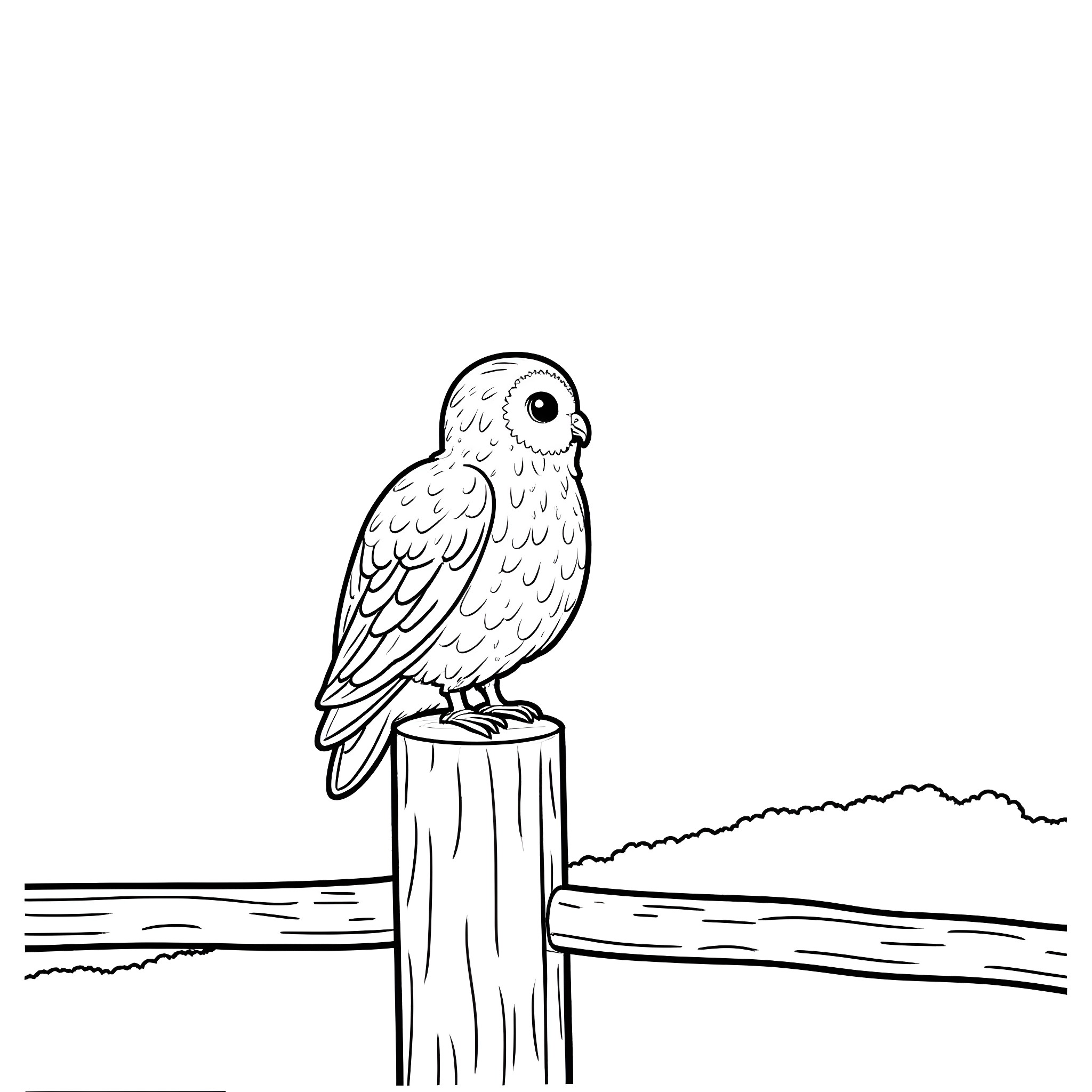 Owl perched on a wooden post Coloring Page (free black-and-white line drawing printable PDF for all, from beginners to advanced learners, including children, teens, adults, and seniors)