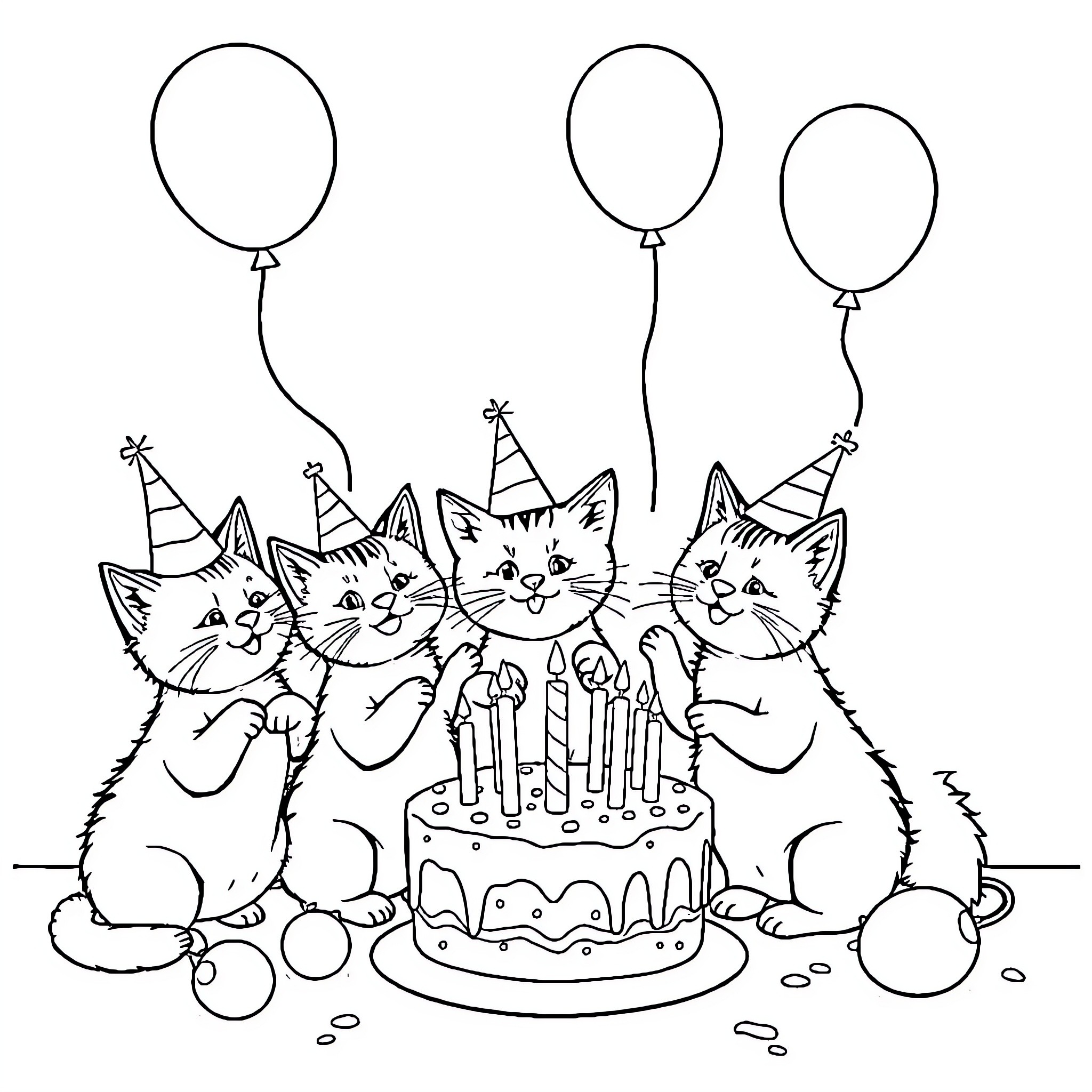 Cat birthday party with balloons and cake Coloring Page (free black-and-white line drawing printable PDF for all, from beginners to advanced learners, including children, teens, adults, and seniors)