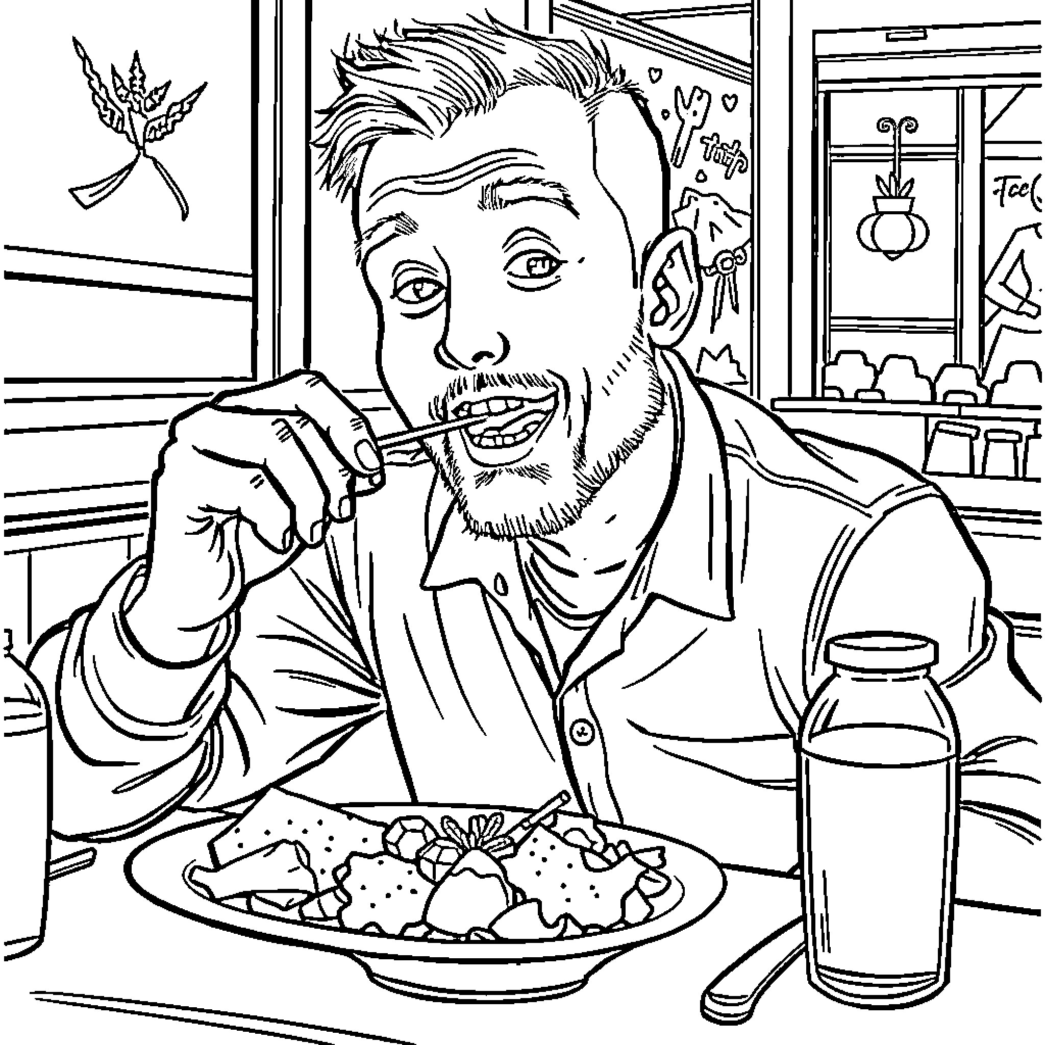 Guy Enjoying a Hearty Meal at the Diner Coloring Page (free black-and-white line drawing printable PDF for all, from beginners to advanced learners, including children, teens, adults, and seniors)