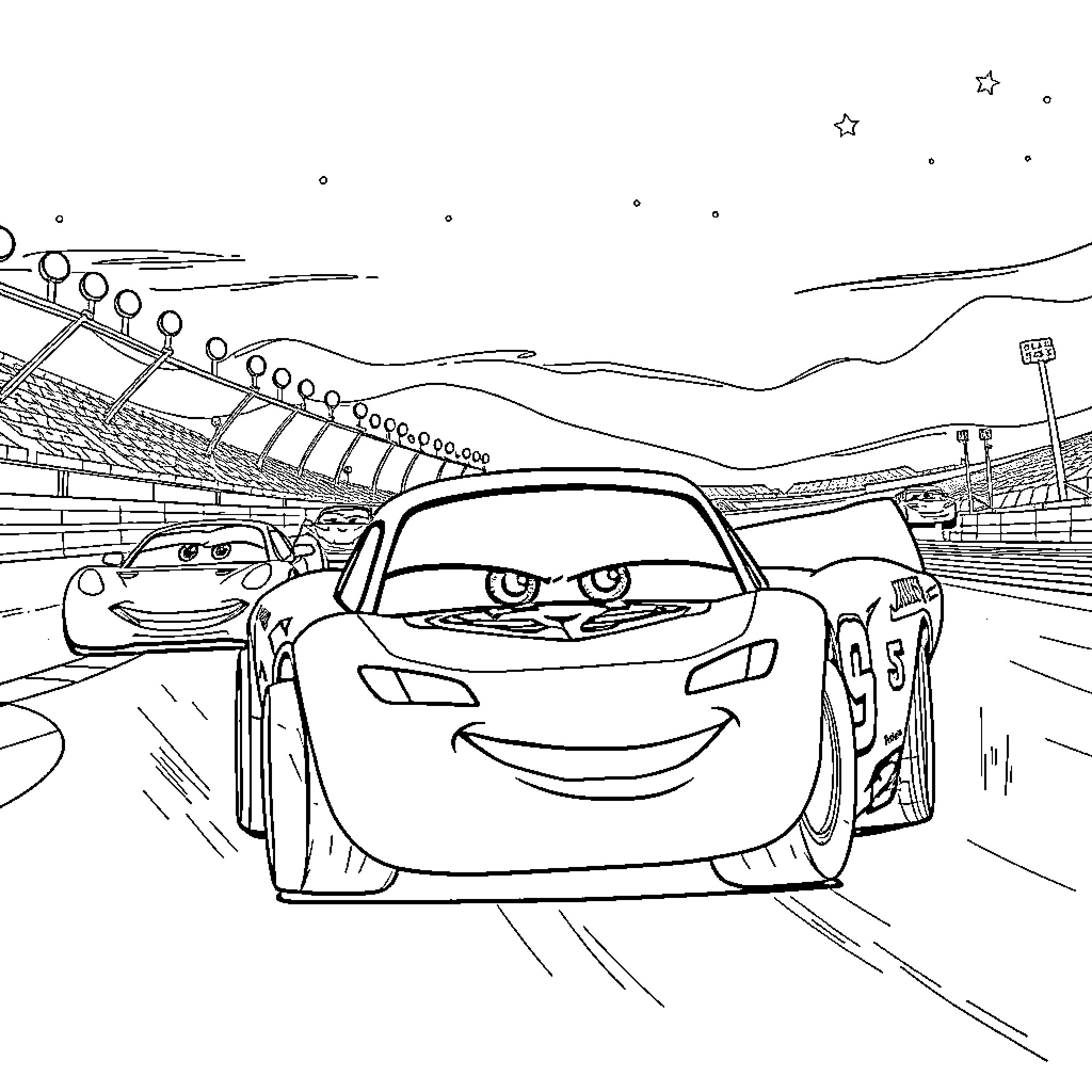 Flash McQueen racing on the track Coloring Page (free black-and-white line drawing printable PDF for all, from beginners to advanced learners, including children, teens, adults, and seniors)