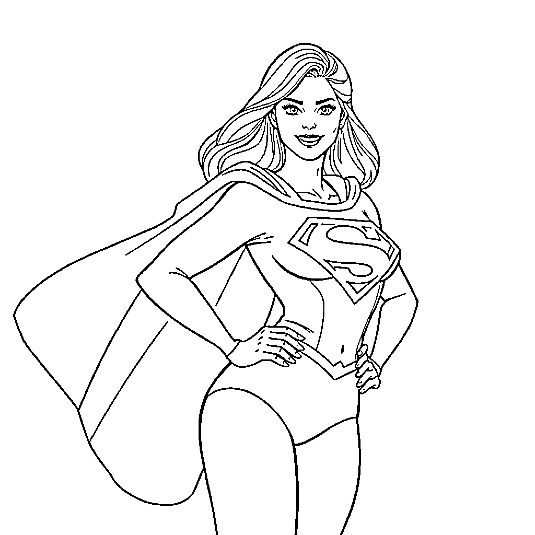 Supergirl in heroic pose Coloring Page (free black-and-white line drawing printable PDF for all, from beginners to advanced learners, including children, teens, adults, and seniors)