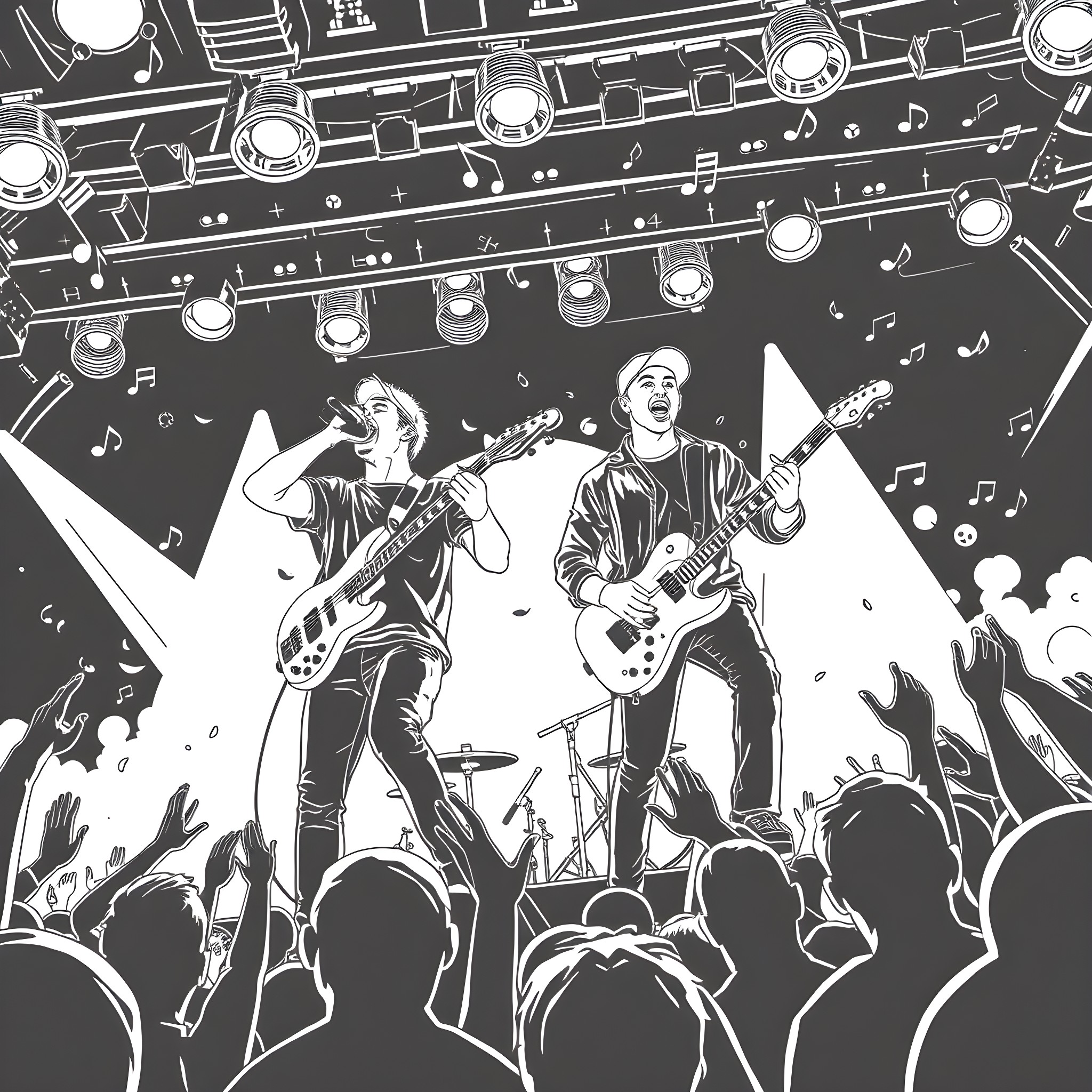 Twenty One Pilots performing on stage with crowd Coloring Page (free black-and-white line drawing printable PDF for all, from beginners to advanced learners, including children, teens, adults, and seniors)