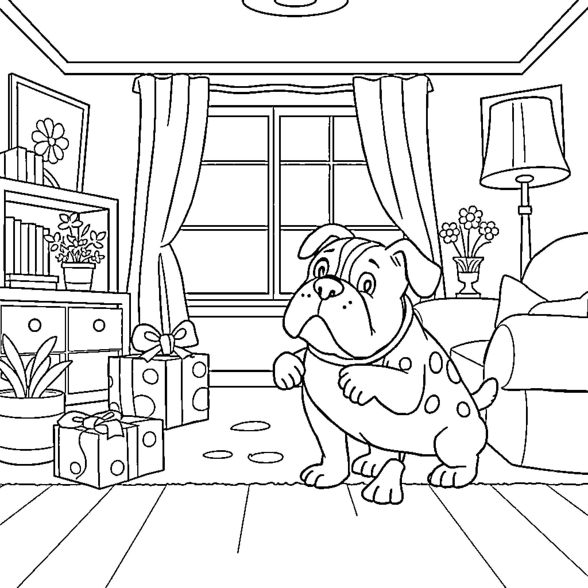 Blue Puppy's Happy Home Coloring Page (free black-and-white line drawing printable PDF for all, from beginners to advanced learners, including children, teens, adults, and seniors)