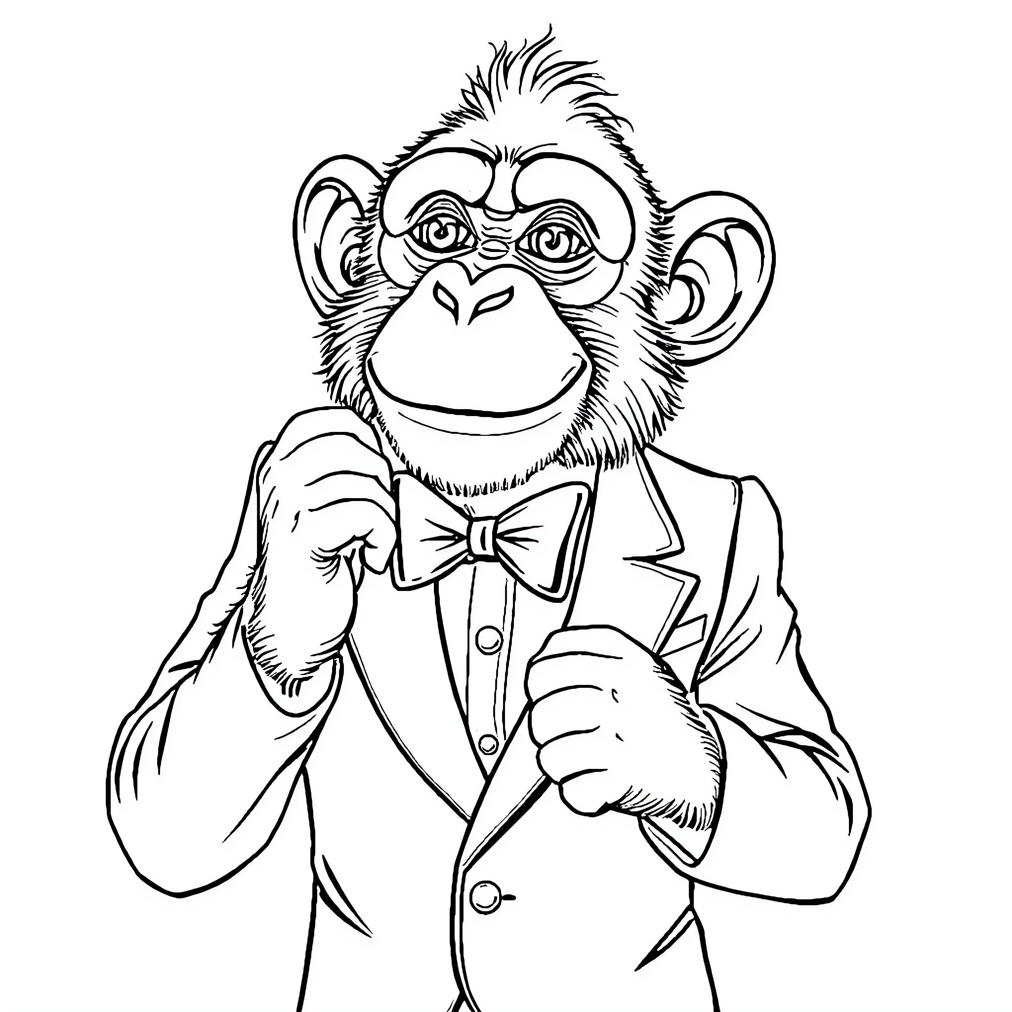 Monkey dressed in formal attire making a gesture Coloring Page (free black-and-white line drawing printable PDF for all, from beginners to advanced learners, including children, teens, adults, and seniors)