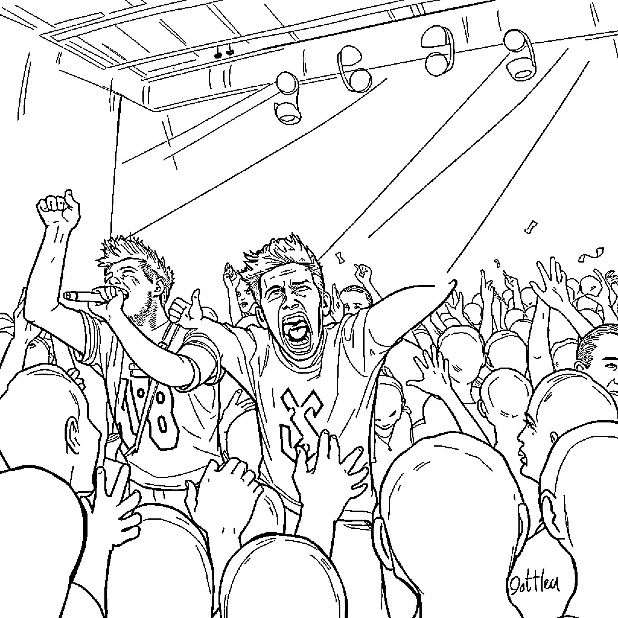 Twenty One Pilots Live Performance with Energetic Crowd Coloring Page (free black-and-white line drawing printable PDF for all, from beginners to advanced learners, including children, teens, adults, and seniors)