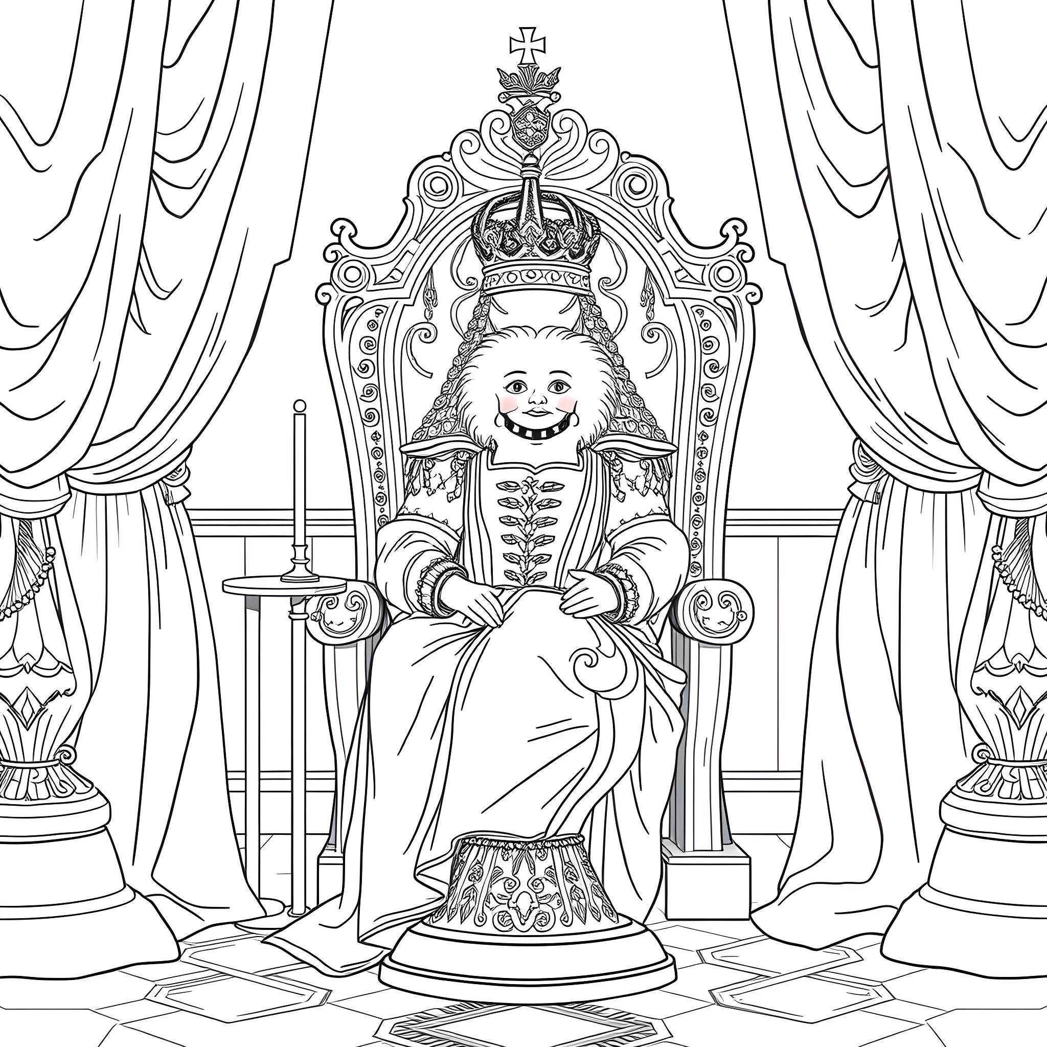 Queen Holding Scepter on Ornate Throne Coloring Page (free black-and-white line drawing printable PDF for all, from beginners to advanced learners, including children, teens, adults, and seniors)