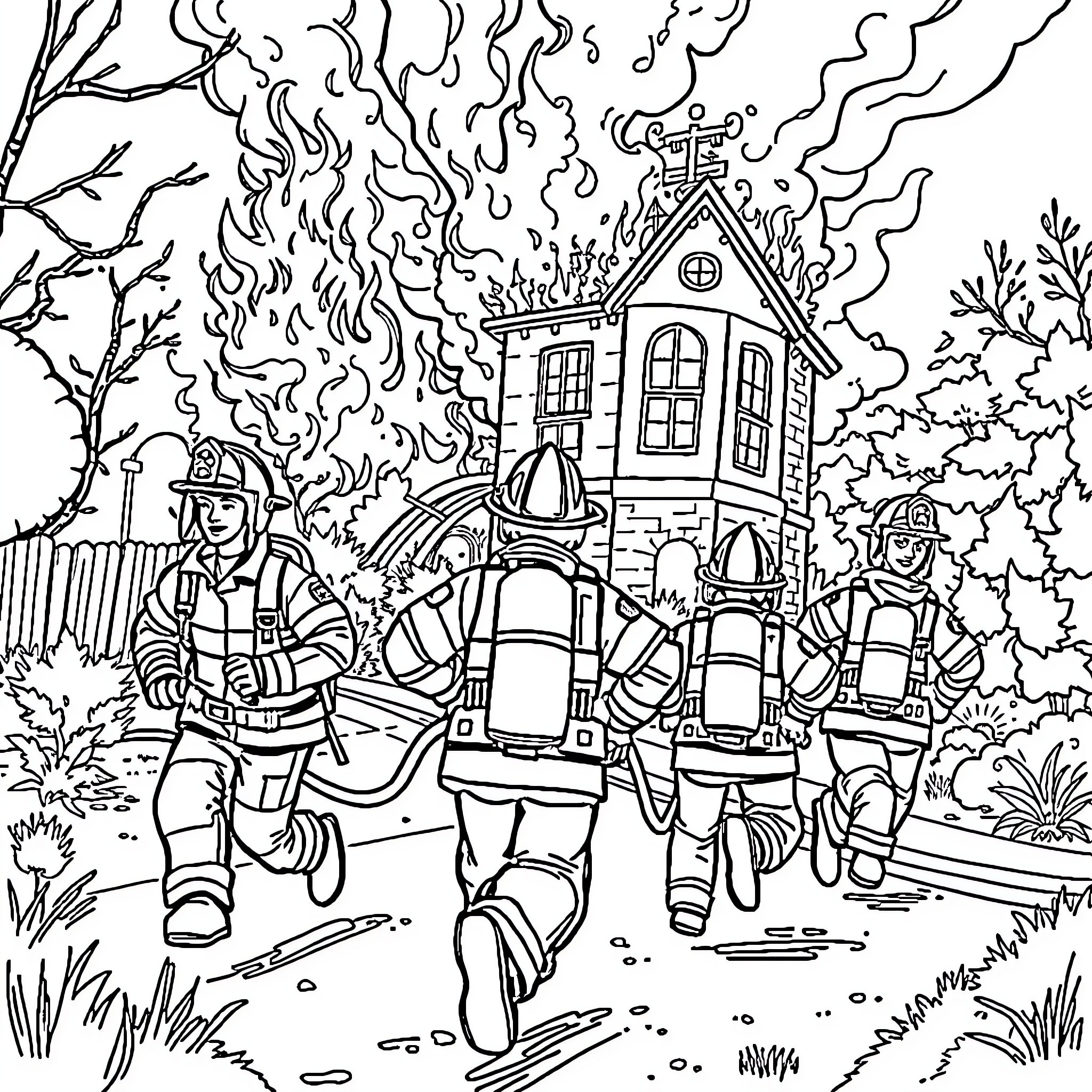 Firemen fighting a blazing house fire Coloring Page (free black-and-white line drawing printable PDF for all, from beginners to advanced learners, including children, teens, adults, and seniors)