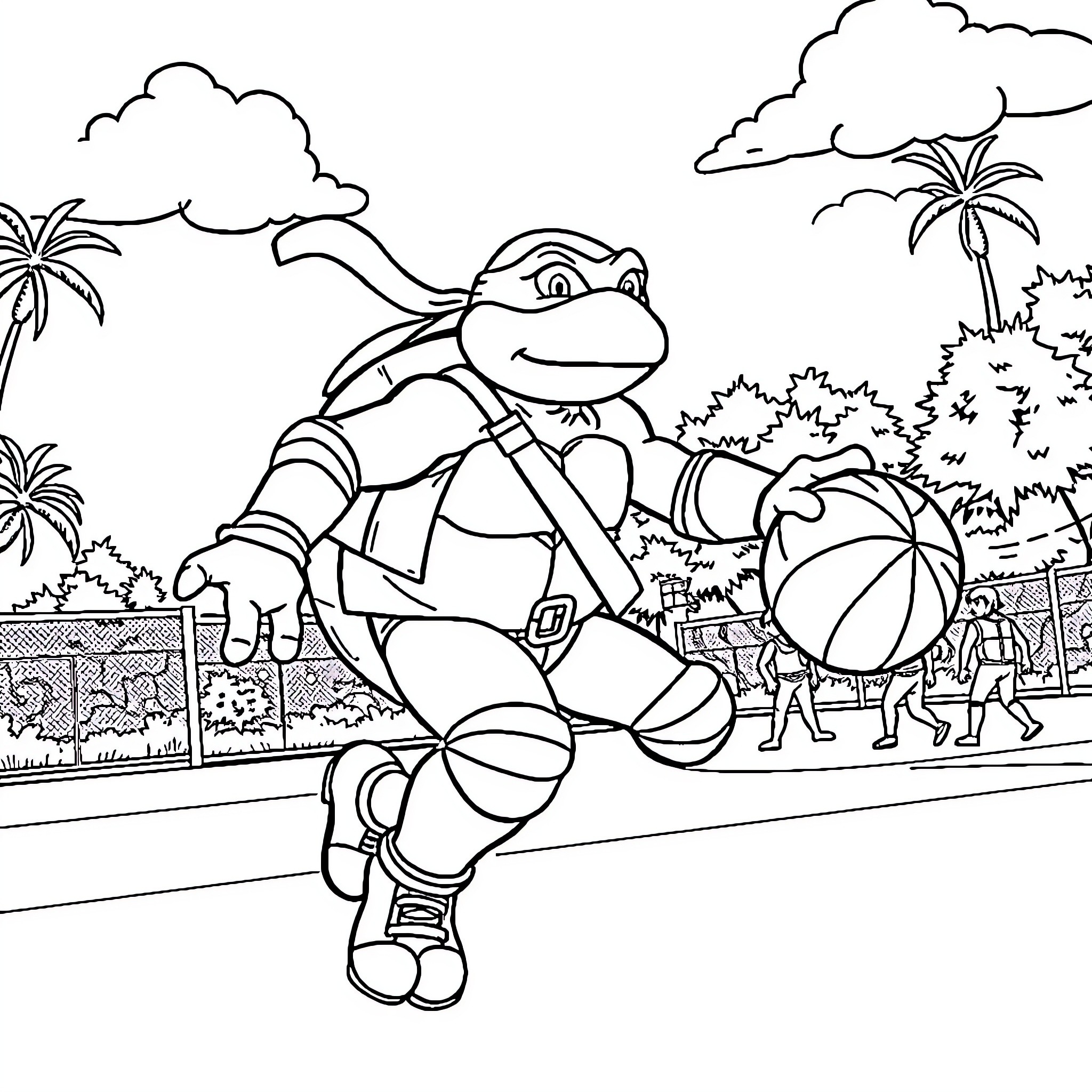 Teenage Mutant Ninja Turtle enjoying a day at the beach Coloring Page (free black-and-white line drawing printable PDF for all, from beginners to advanced learners, including children, teens, adults, and seniors)