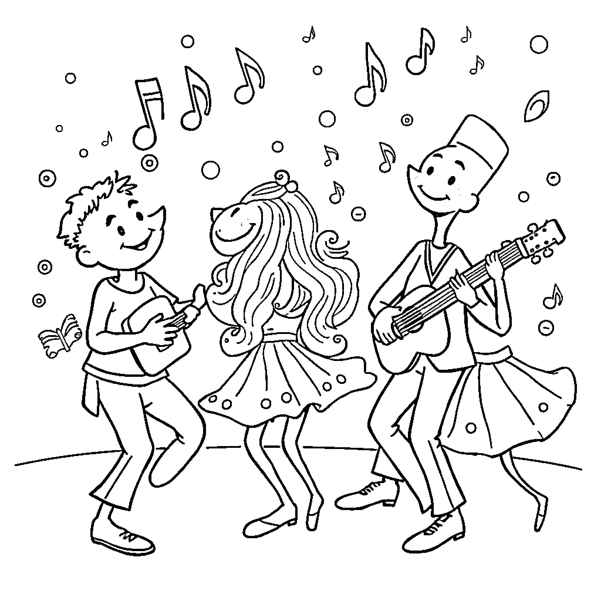 Melody of Joyful Musicians Coloring Page (free black-and-white line drawing printable PDF for all, from beginners to advanced learners, including children, teens, adults, and seniors)