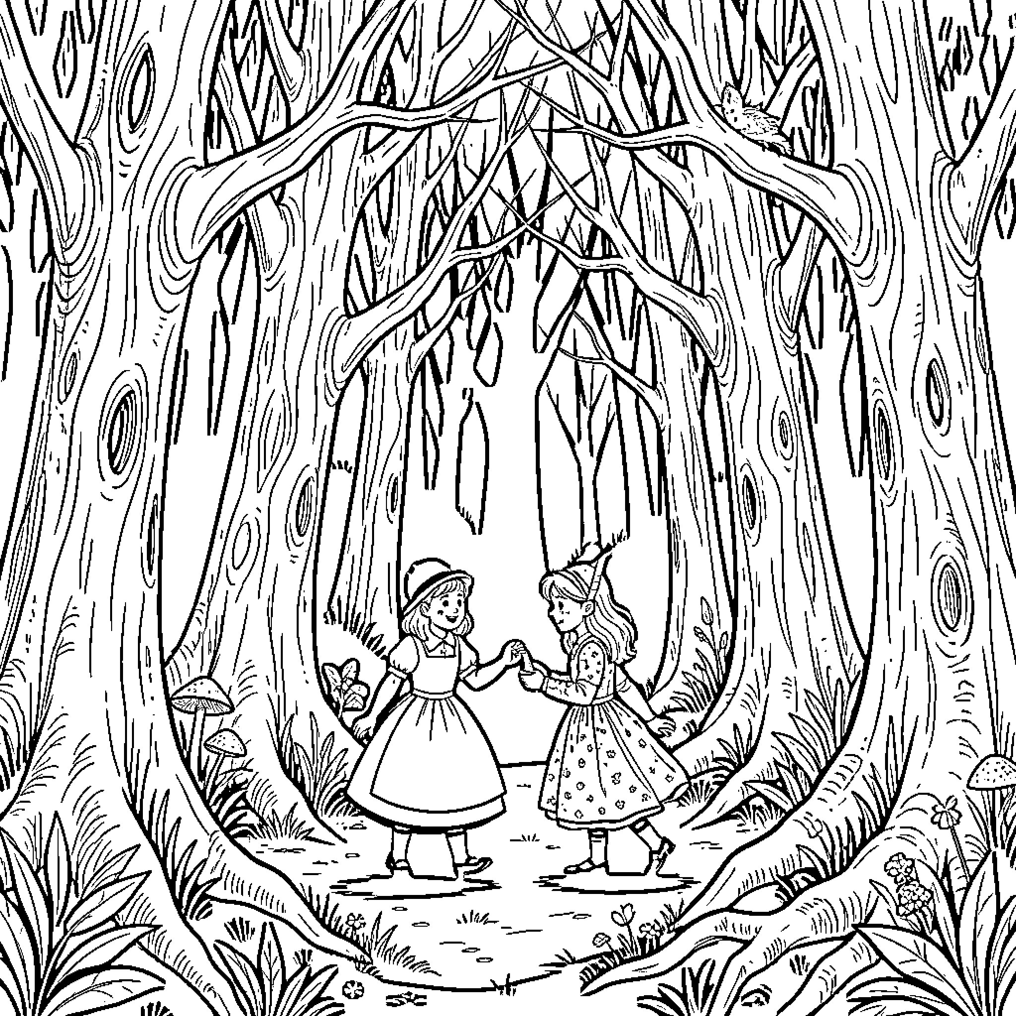 Hansel And Gretel Exploring The Enchanted Forest Coloring Page (free black-and-white line drawing printable PDF for all, from beginners to advanced learners, including children, teens, adults, and seniors)