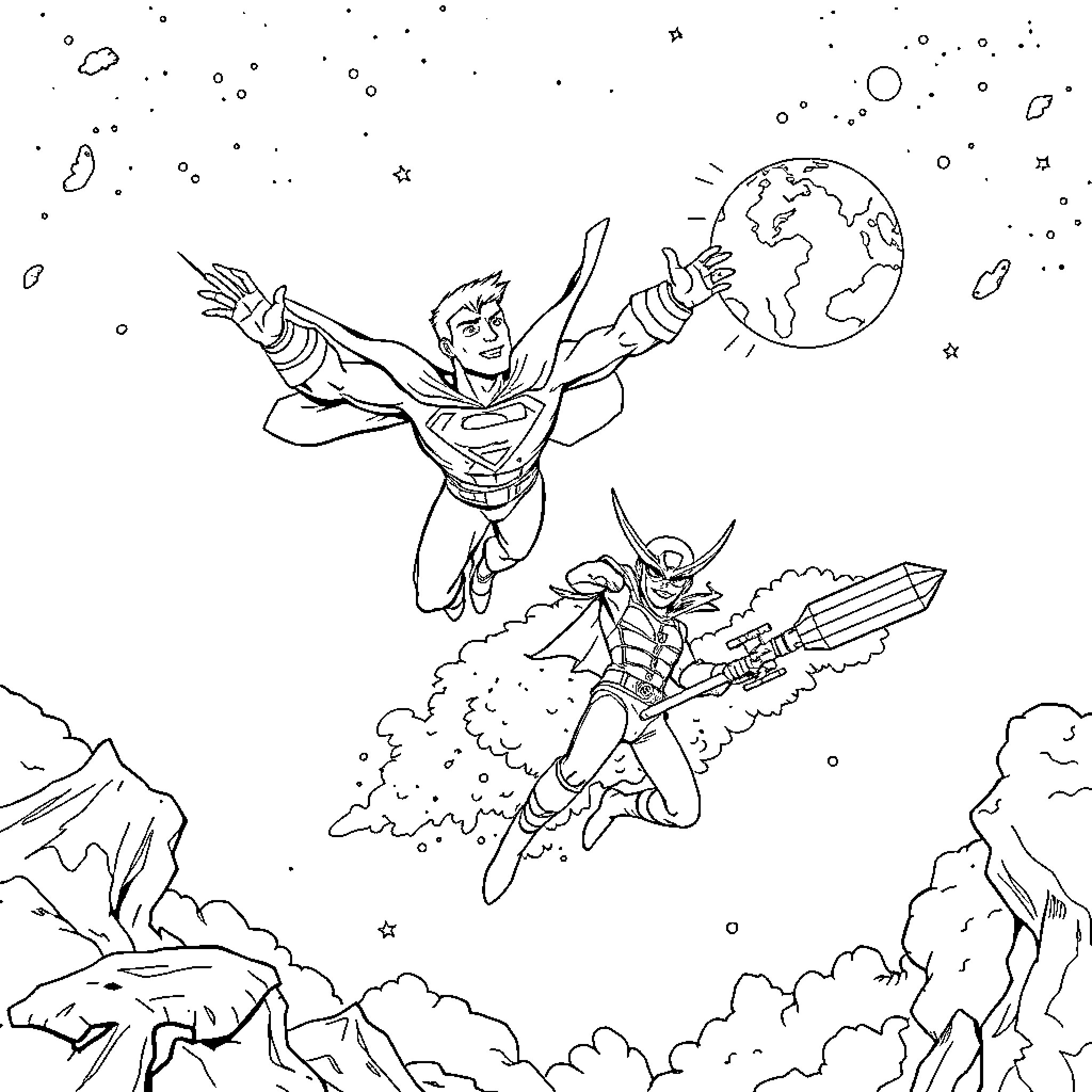 Captain Planet saving the world with heroes in action Coloring Page (free black-and-white line drawing printable PDF for all, from beginners to advanced learners, including children, teens, adults, and seniors)