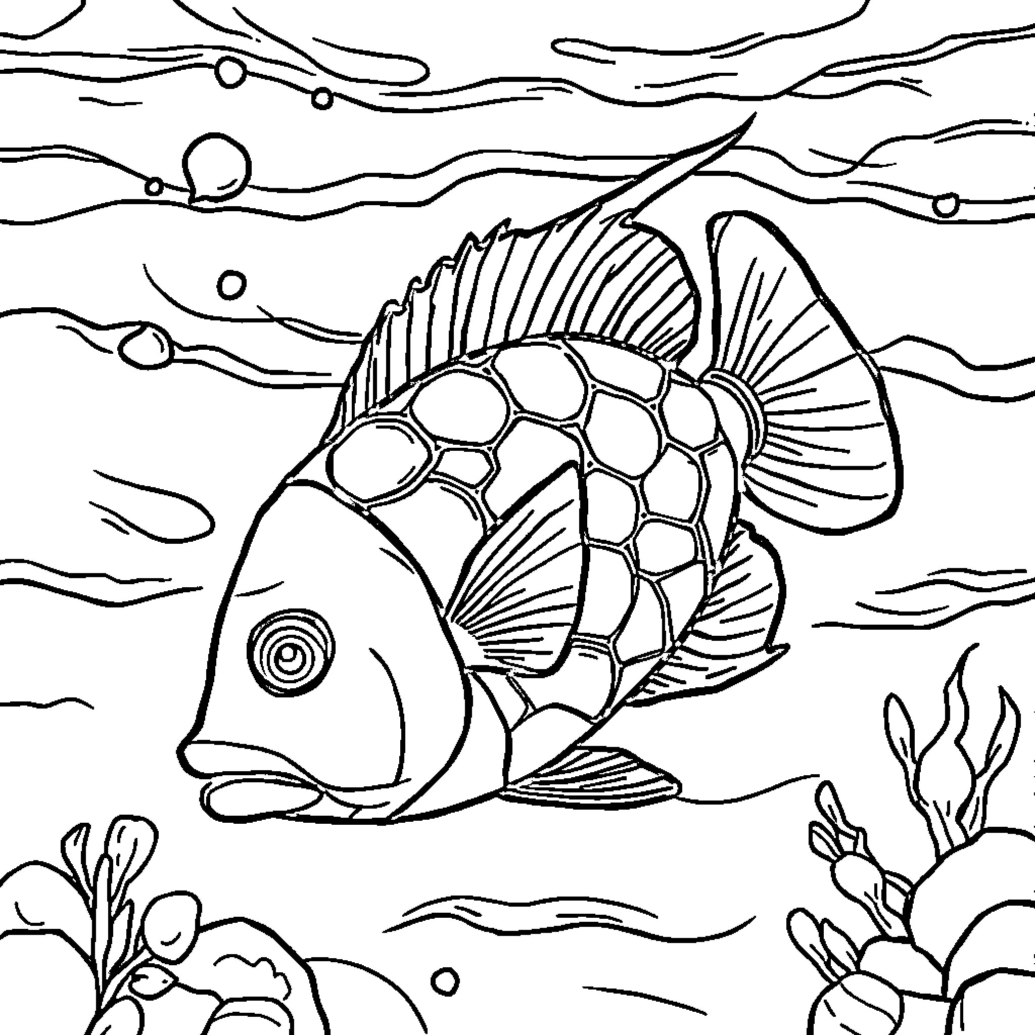 Fish swimming through the underwater scenery Coloring Page (free black-and-white line drawing printable PDF for all, from beginners to advanced learners, including children, teens, adults, and seniors)