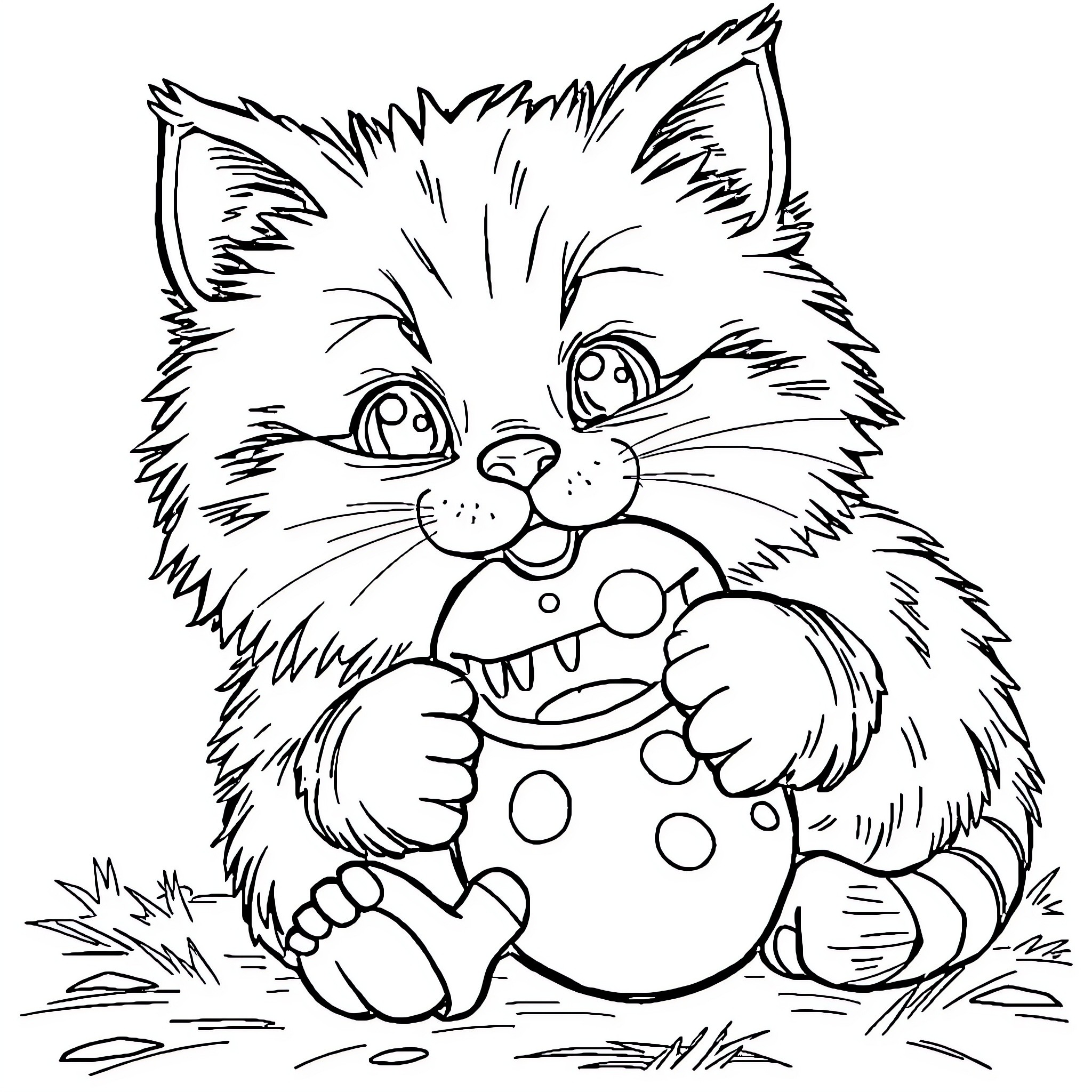 Cat playing with spotted ball on ground Coloring Page (free black-and-white line drawing printable PDF for all, from beginners to advanced learners, including children, teens, adults, and seniors)