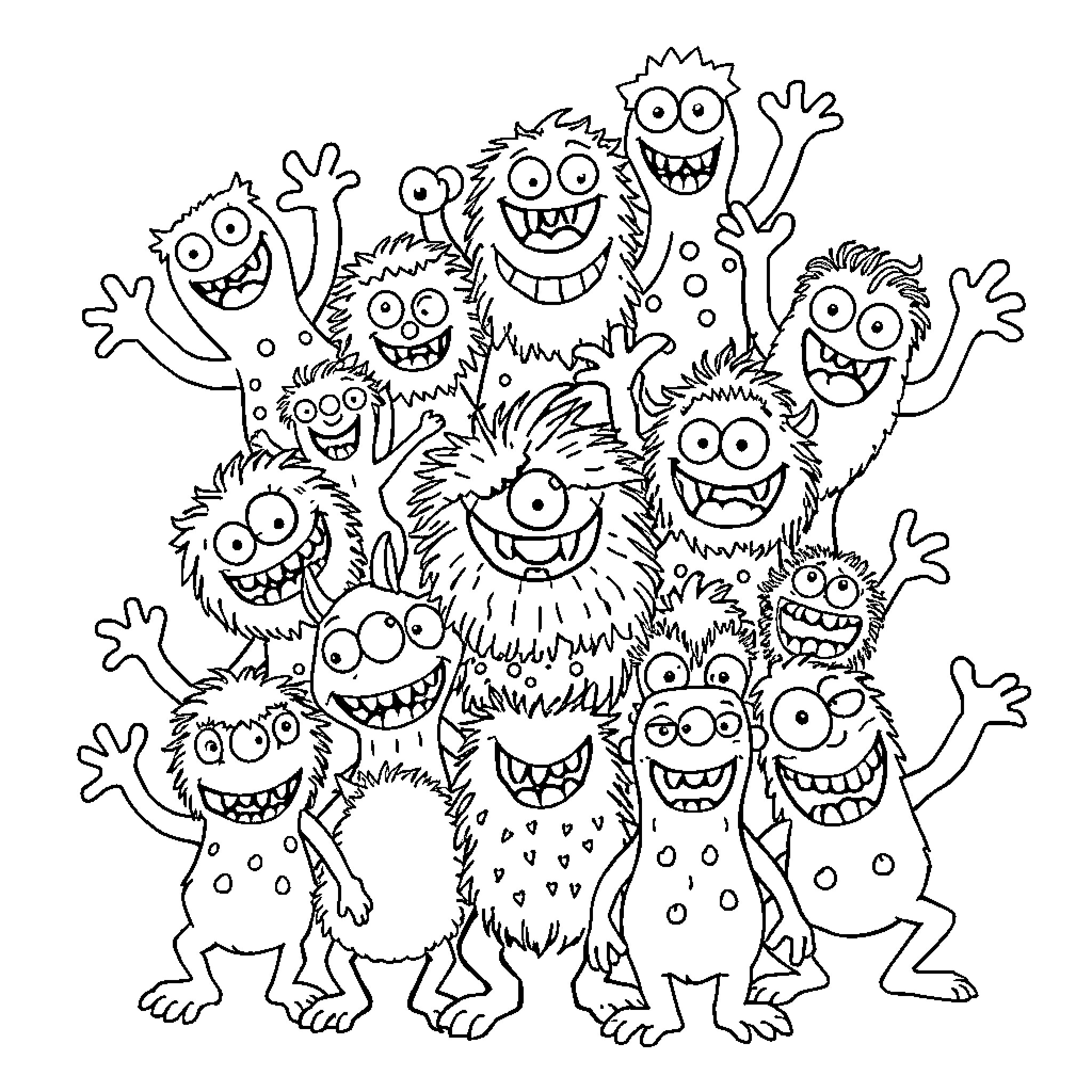 Monster Gathering - Wacky and Expressive Creatures Coloring Page (free black-and-white line drawing printable PDF for all, from beginners to advanced learners, including children, teens, adults, and seniors)