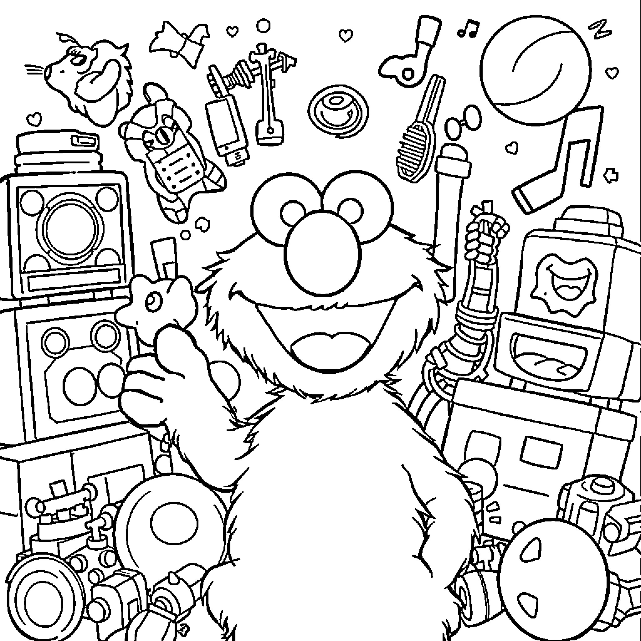 Elmo's Musical Adventure with Instruments and Toys Coloring Page (free black-and-white line drawing printable PDF for all, from beginners to advanced learners, including children, teens, adults, and seniors)