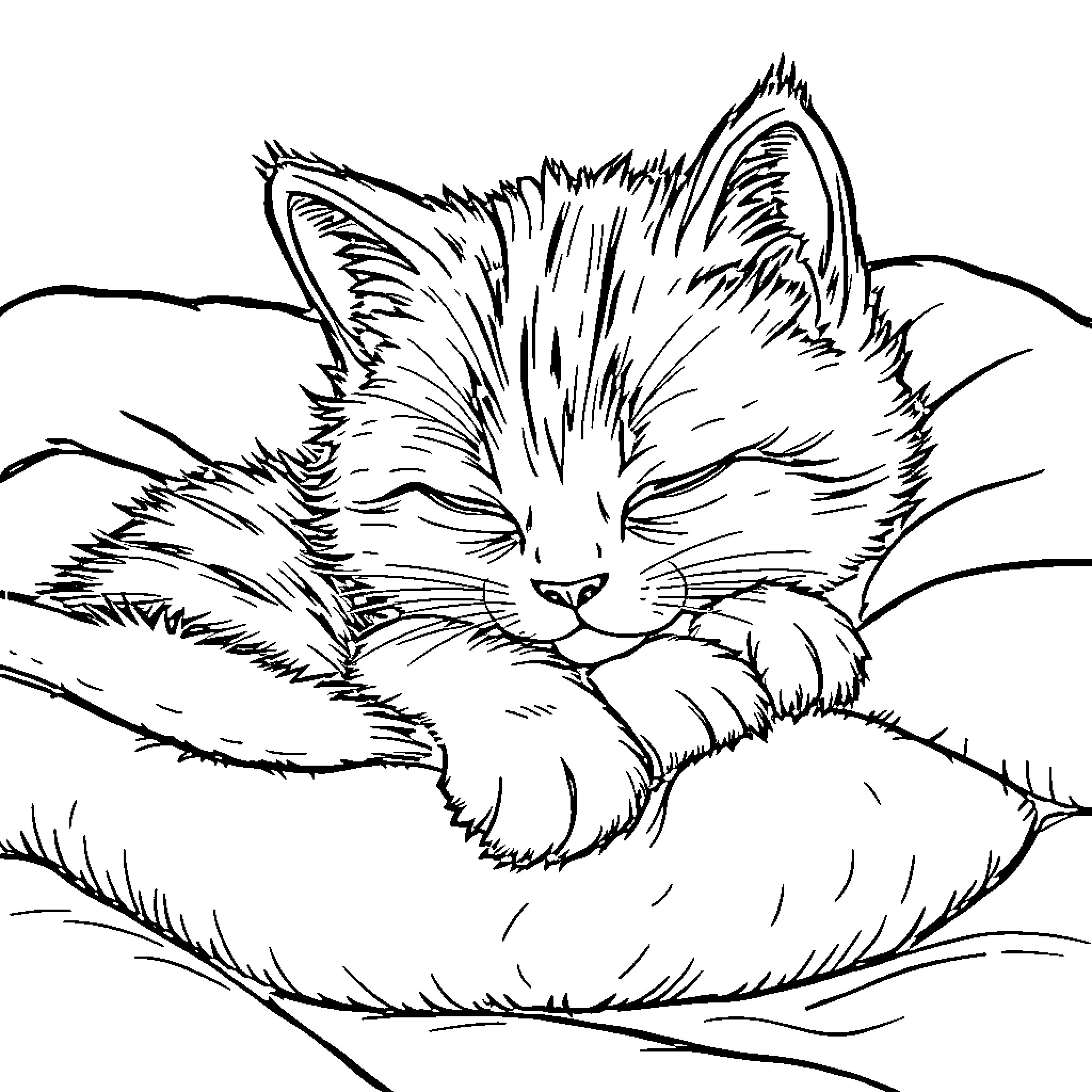 Kitty napping peacefully on soft bedding Coloring Page (free black-and-white line drawing printable PDF for all, from beginners to advanced learners, including children, teens, adults, and seniors)