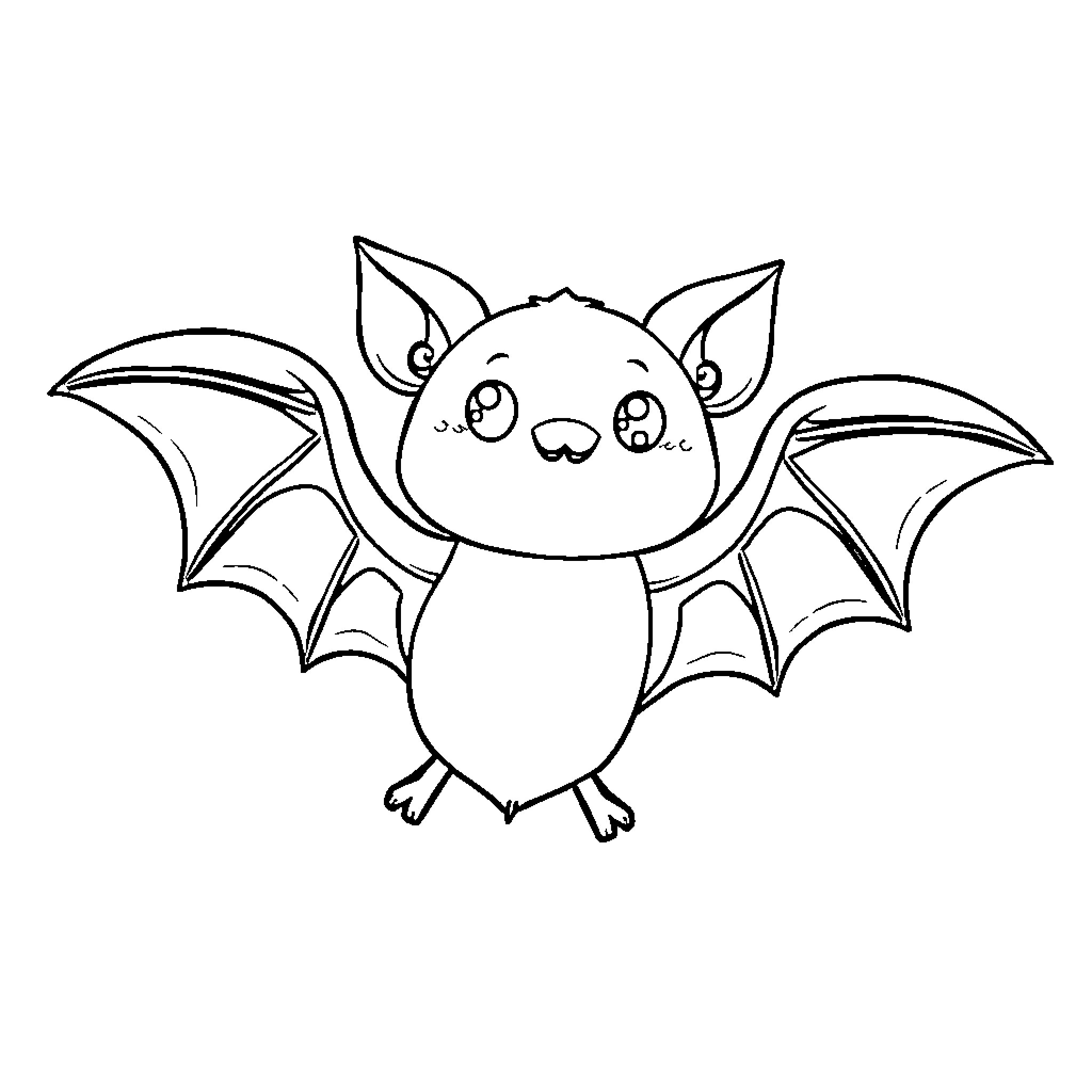 Bat with cute expression and large wings Coloring Page (free black-and-white line drawing printable PDF for all, from beginners to advanced learners, including children, teens, adults, and seniors)