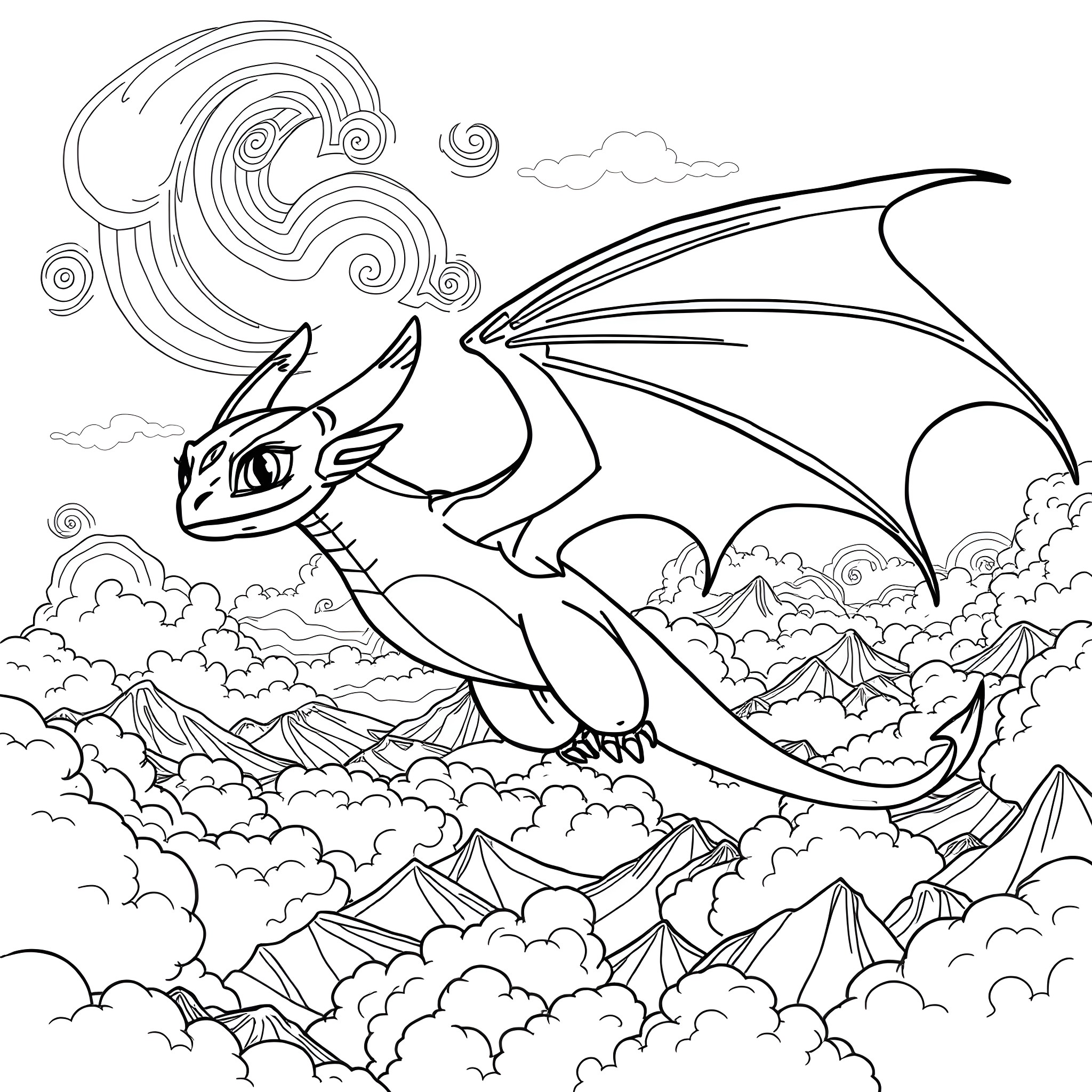 Toothless dragon soaring through the magical skies Coloring Page (free black-and-white line drawing printable PDF for all, from beginners to advanced learners, including children, teens, adults, and seniors)