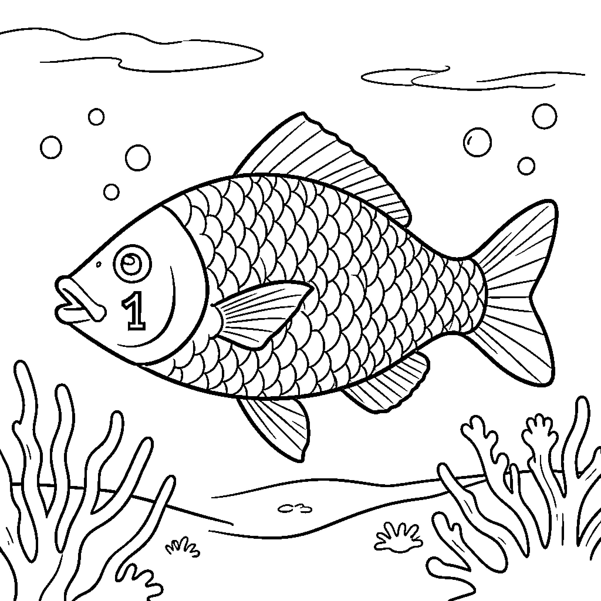 Poisson swimming playfully in the sea Coloring Page (free black-and-white line drawing printable PDF for all, from beginners to advanced learners, including children, teens, adults, and seniors)