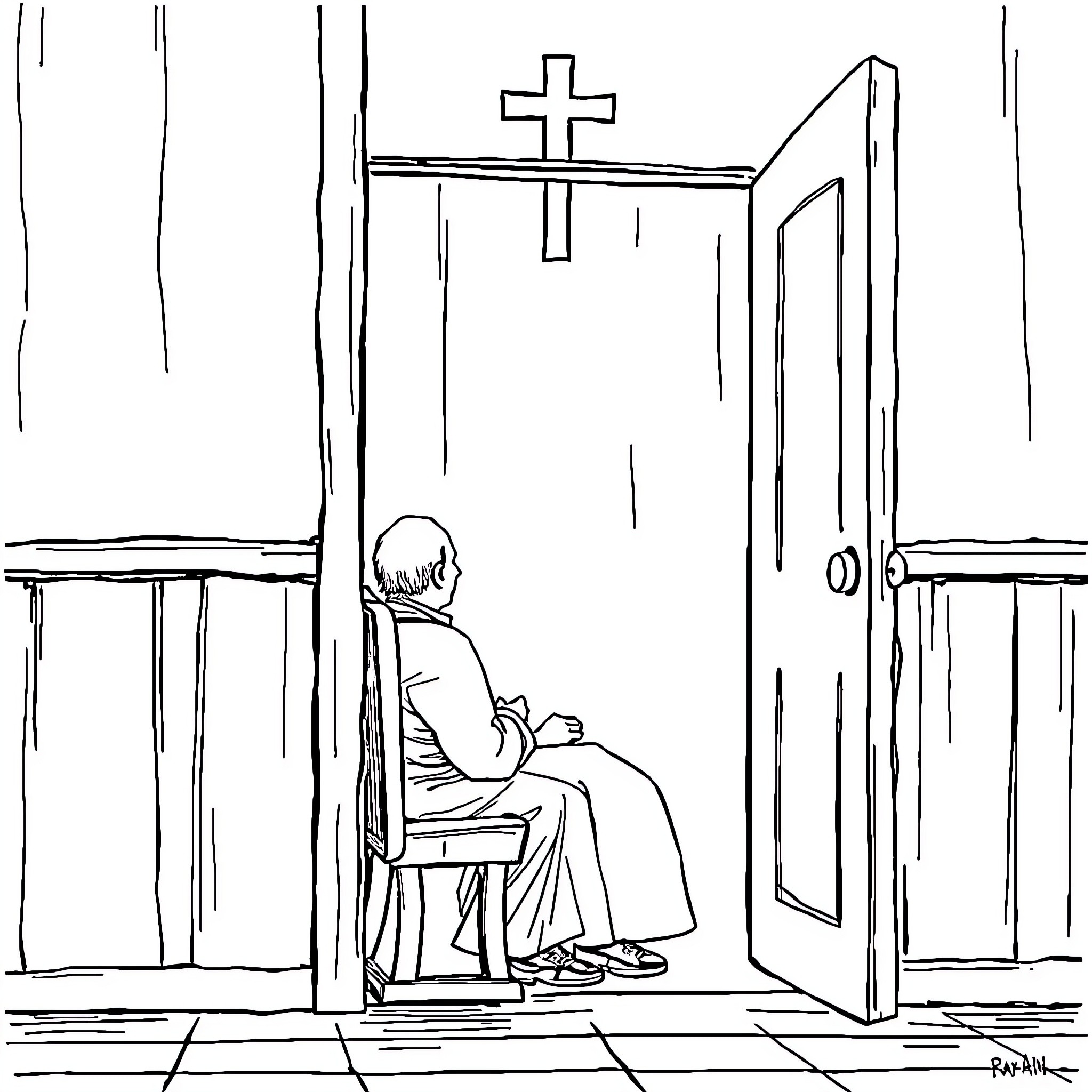 Priest praying silently in church Coloring Page (free black-and-white line drawing printable PDF for all, from beginners to advanced learners, including children, teens, adults, and seniors)