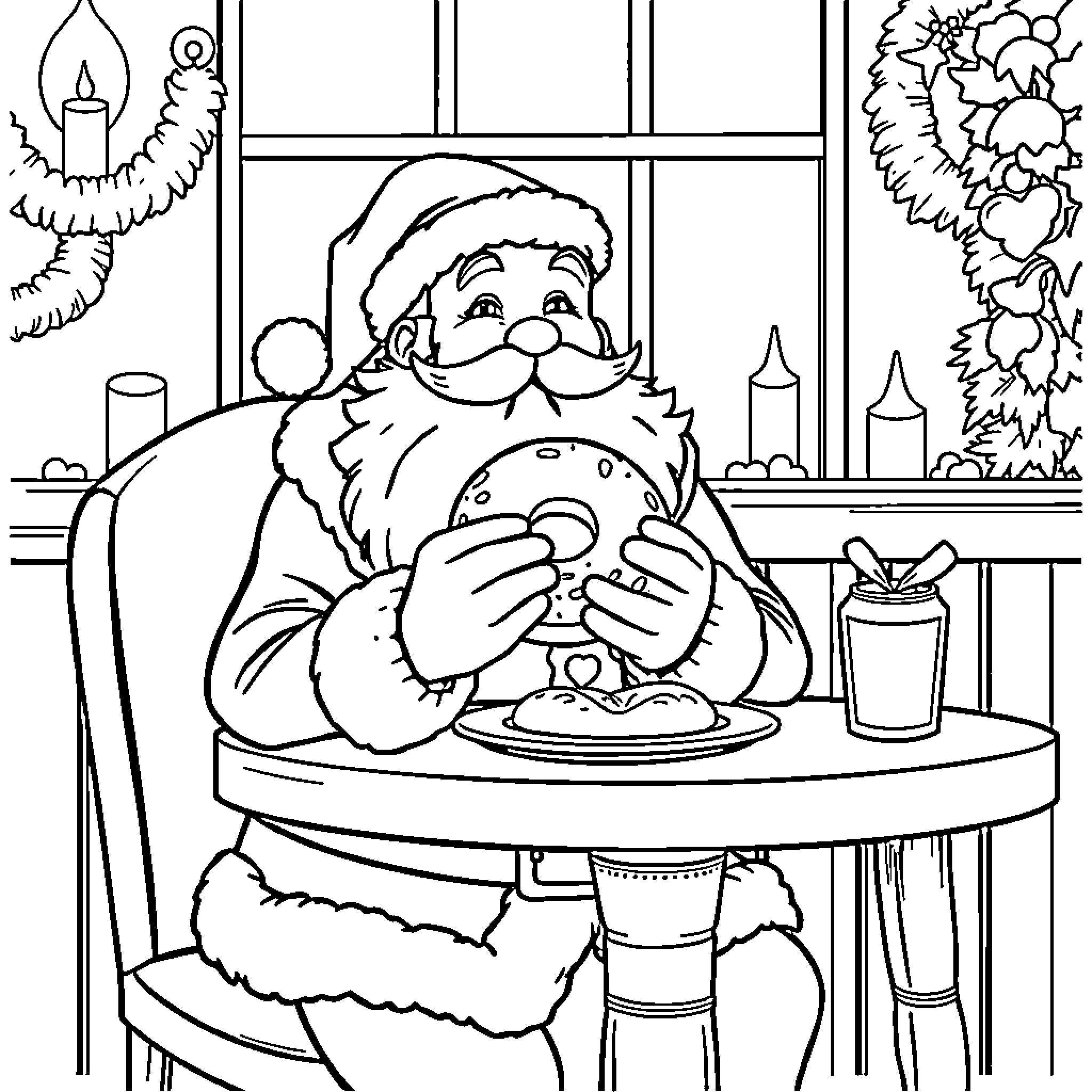 Santa Enjoys a Festive Snack by the Fireplace Coloring Page (free black-and-white line drawing printable PDF for all, from beginners to advanced learners, including children, teens, adults, and seniors)