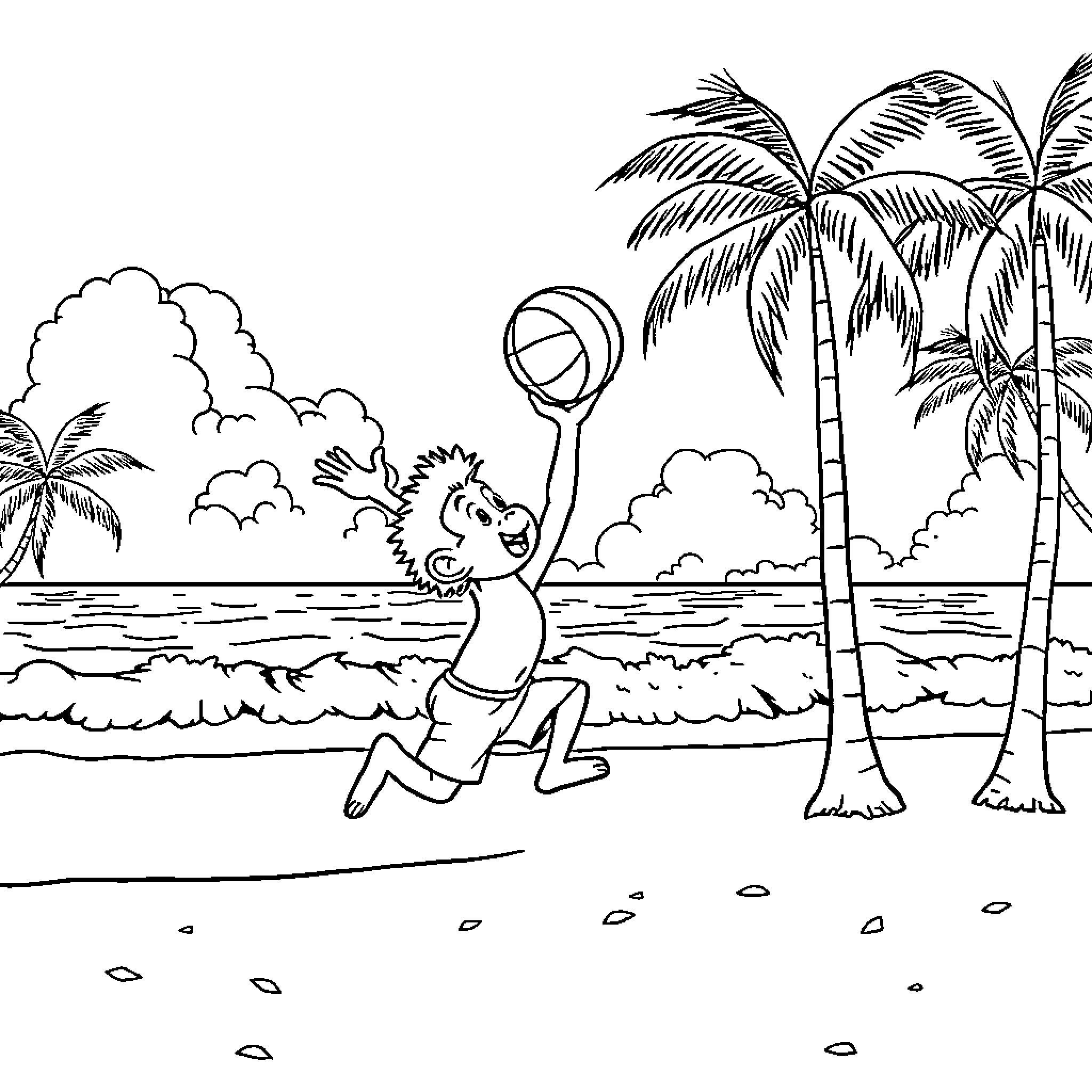Monkie Kid having fun at the beach Coloring Page (free black-and-white line drawing printable PDF for all, from beginners to advanced learners, including children, teens, adults, and seniors)