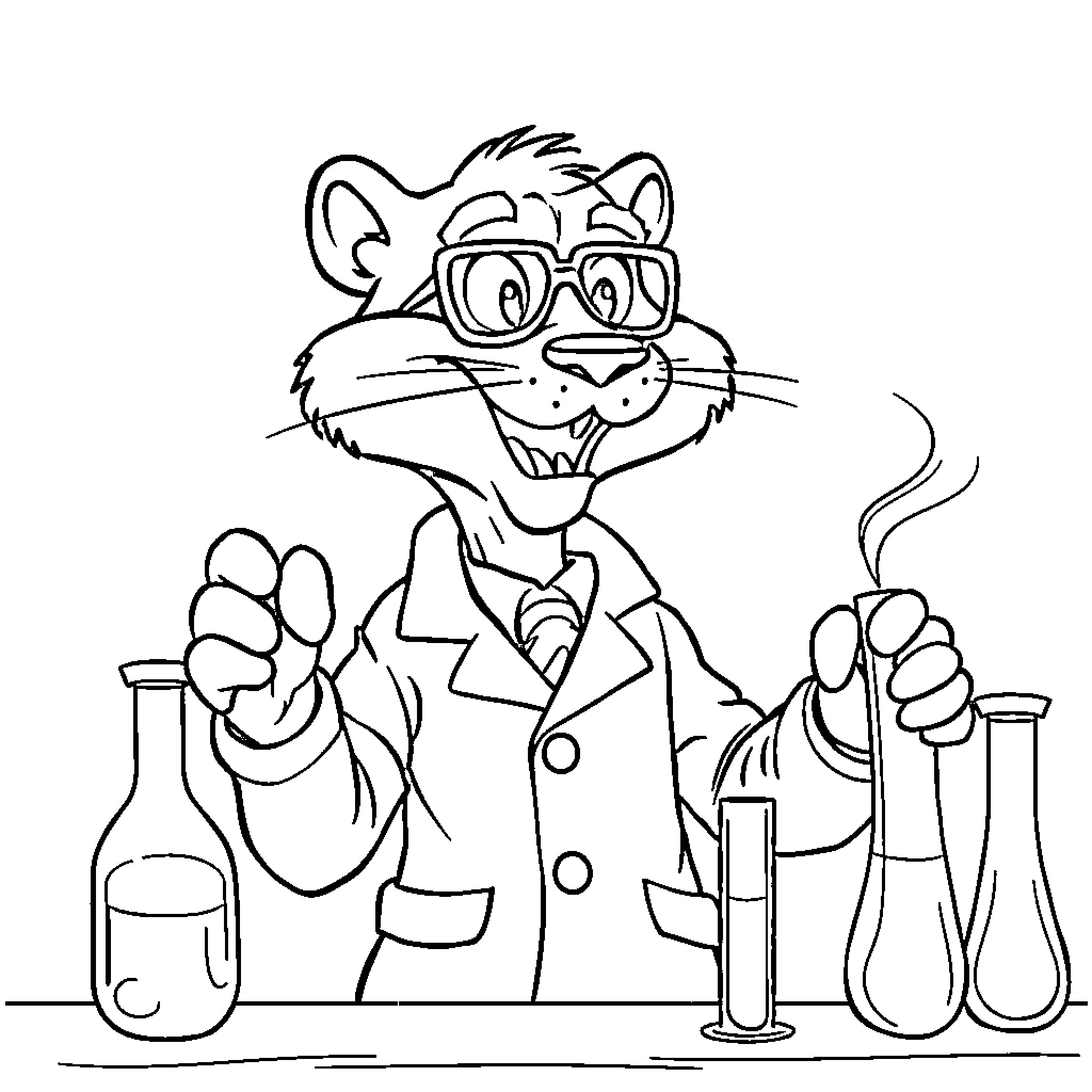 Cougar scientist conducting experiments in the lab Coloring Page (free black-and-white line drawing printable PDF for all, from beginners to advanced learners, including children, teens, adults, and seniors)
